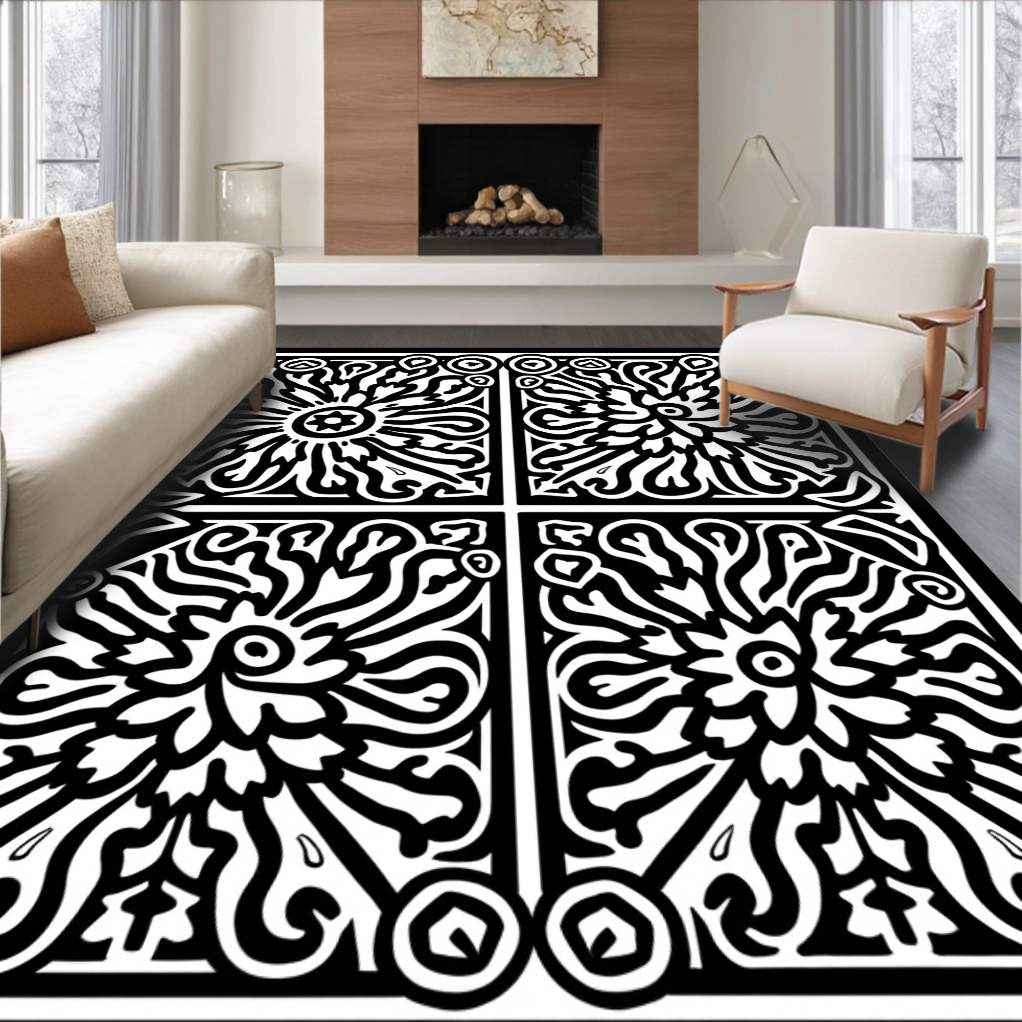 Bold Black Floral Sun Block Print Rug