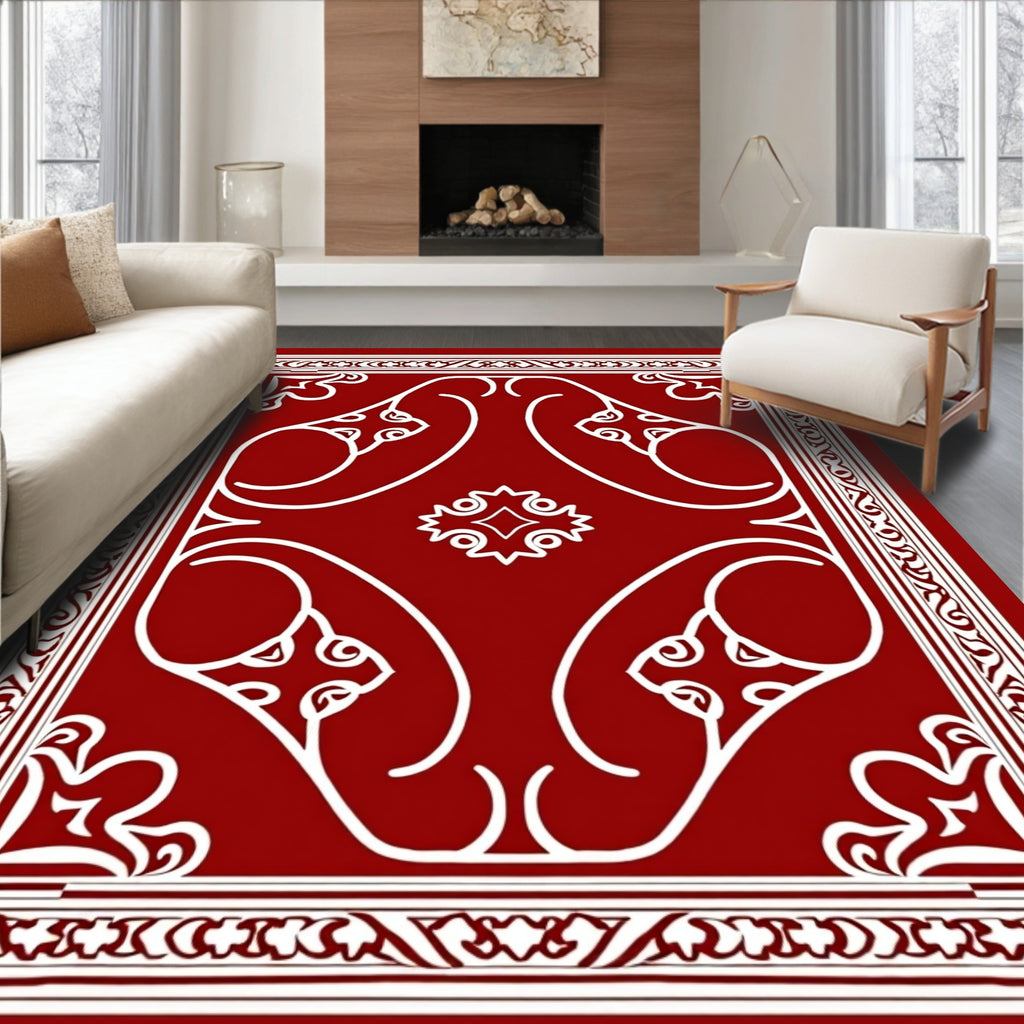 Crimson Swirl Floral Intricate Border Rug