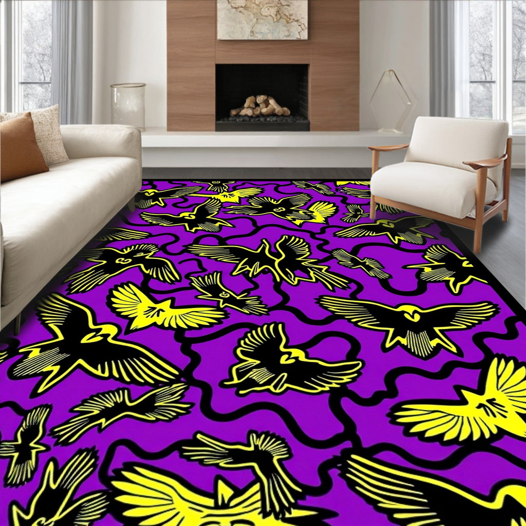 Vibrant Yellow Bird Flight Purple Background Rug