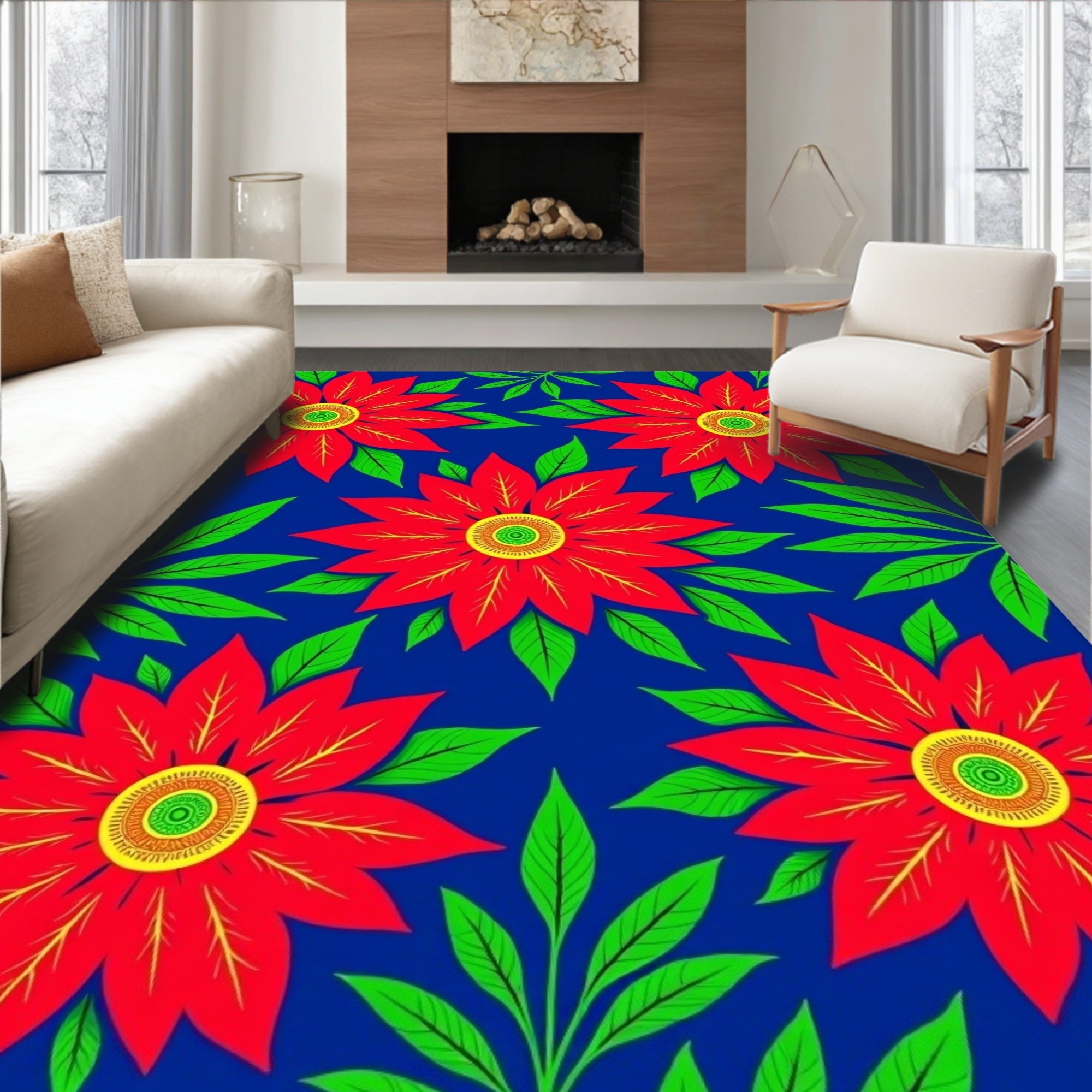 Bold Crimson Flower Foliage Garden Rug
