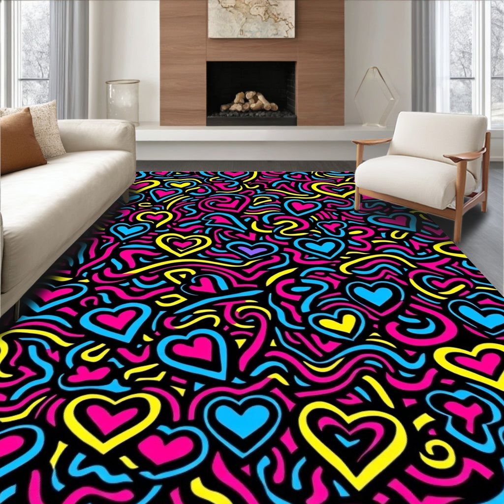 Vibrant Pink Blue Yellow Hearts Swirl Rug