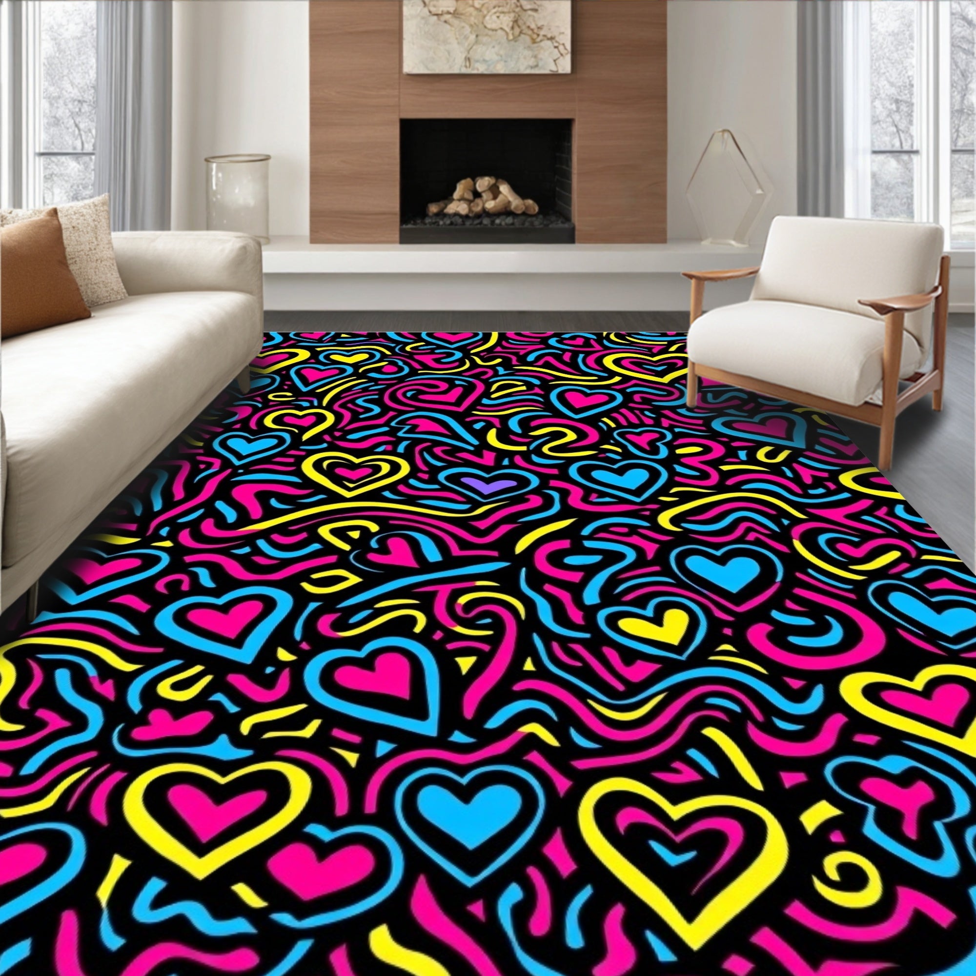 Vibrant Pink Blue Yellow Hearts Swirl Rug