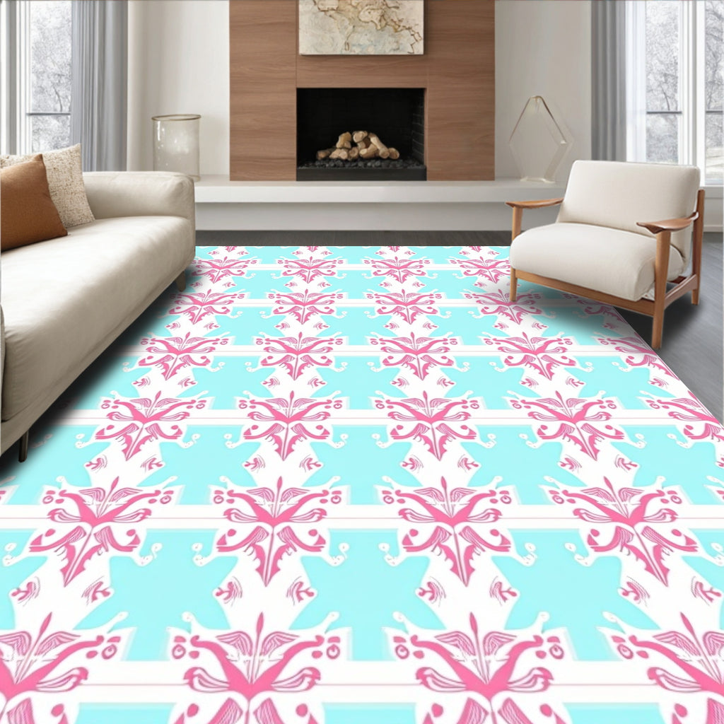 Pink Floral Medallion Aqua Stripe Rug