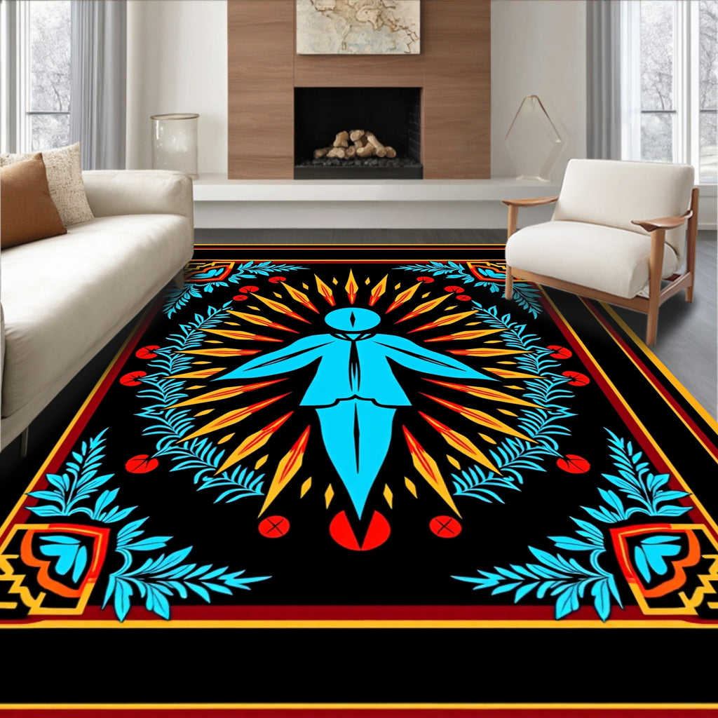 Bright Blue Figure Radiant Floral Border Rug