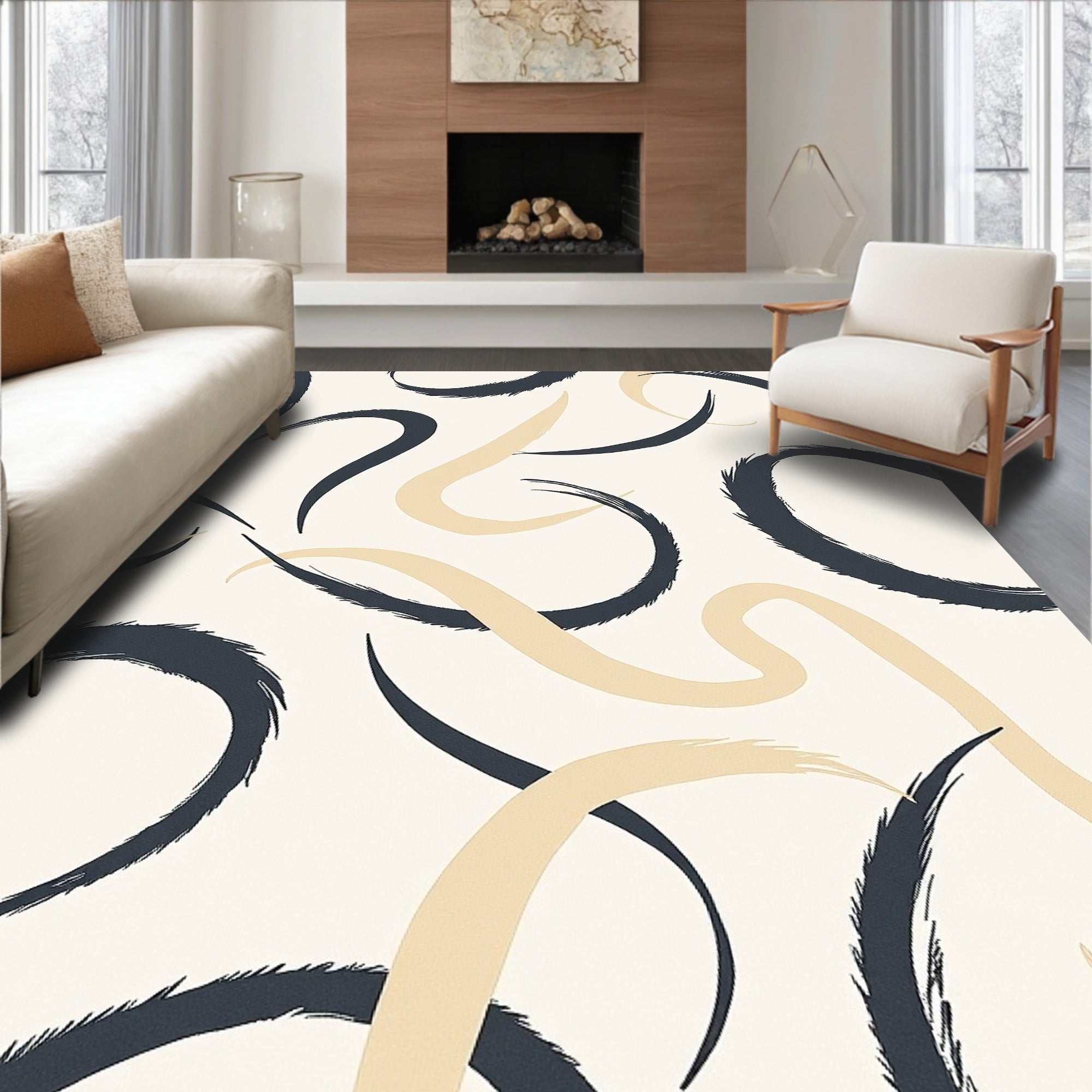 Minimalist Brushstroke Swirls Cream Rug