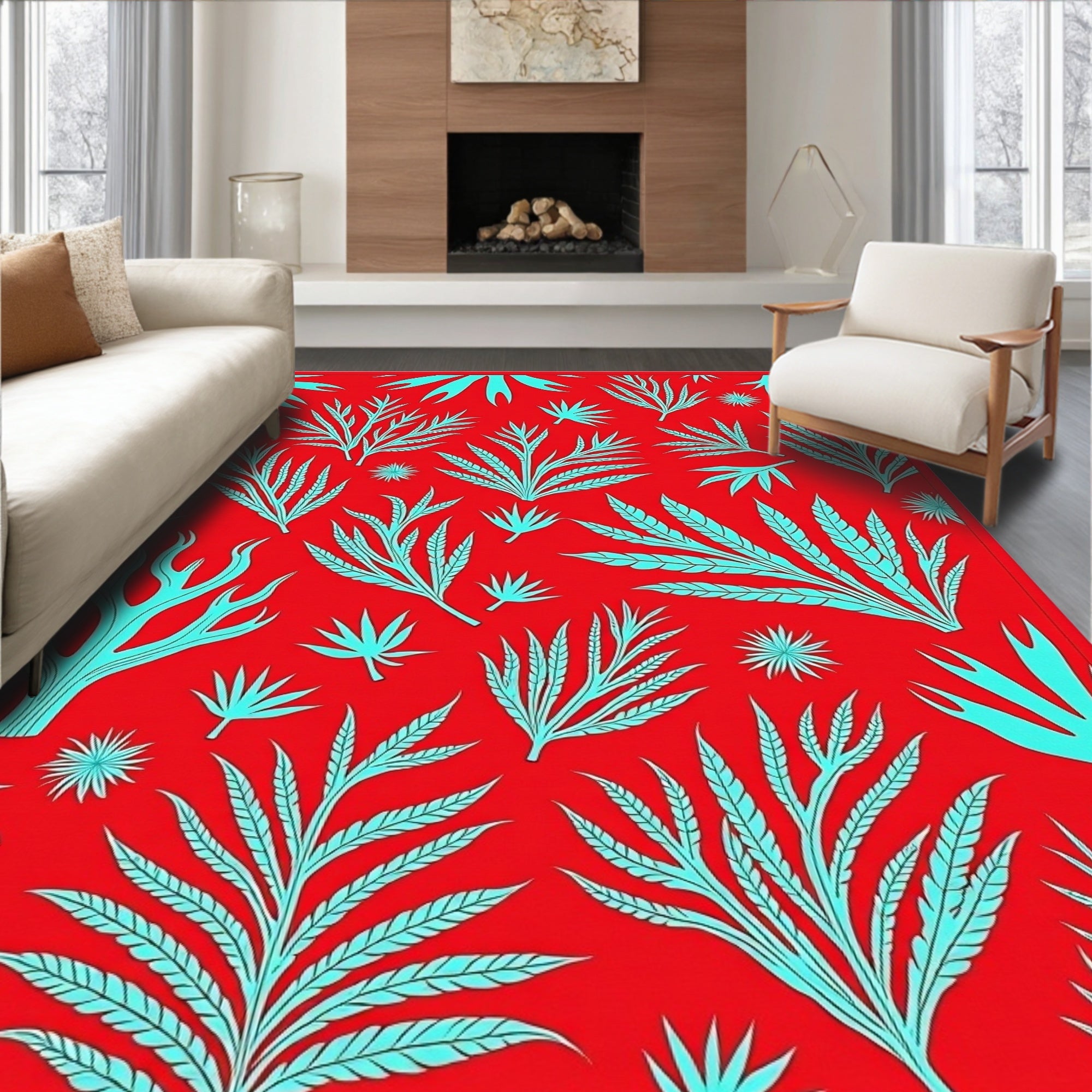 Crimson Aqua Tropical Foliage Rug