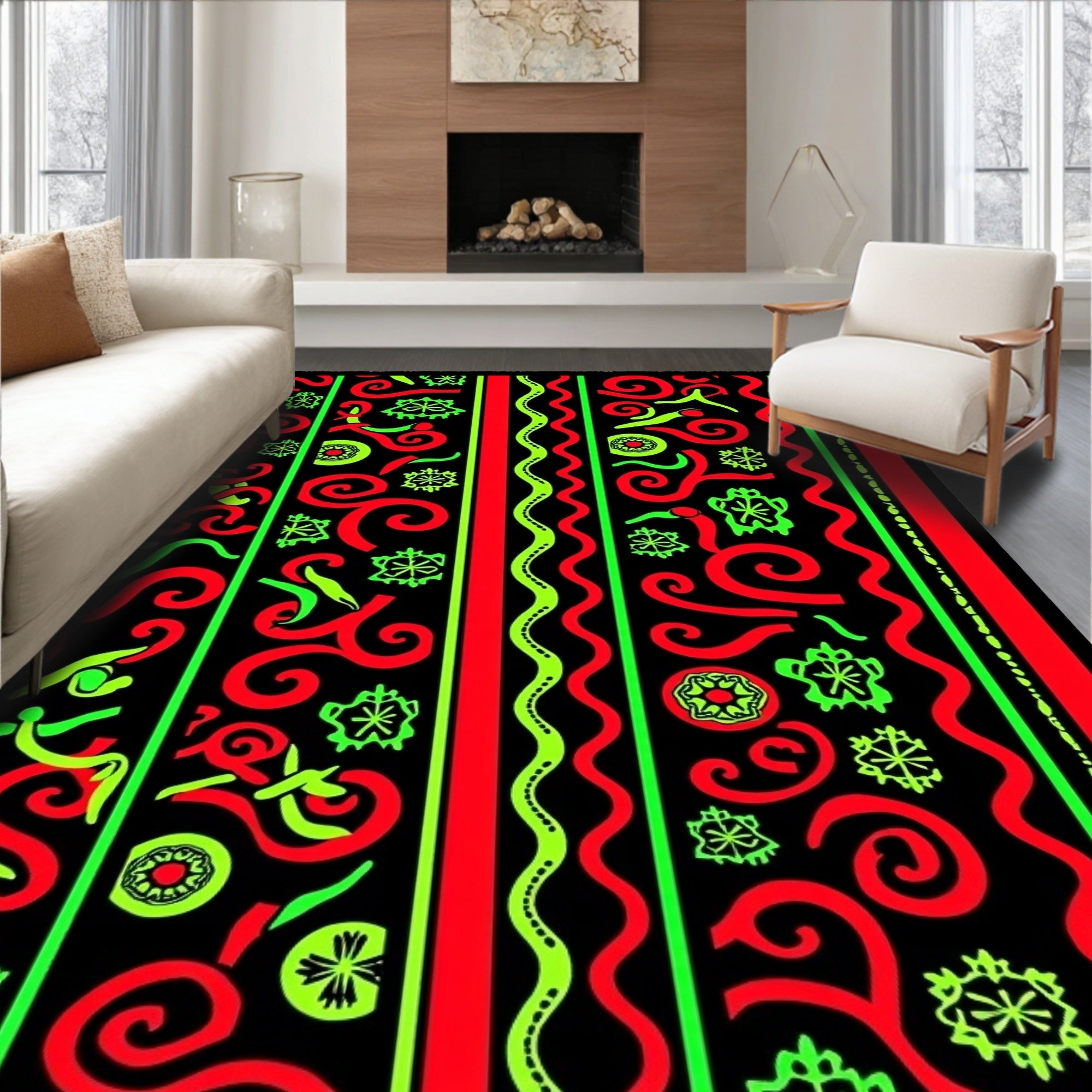 Bold Red Neon Swirls Black Rug
