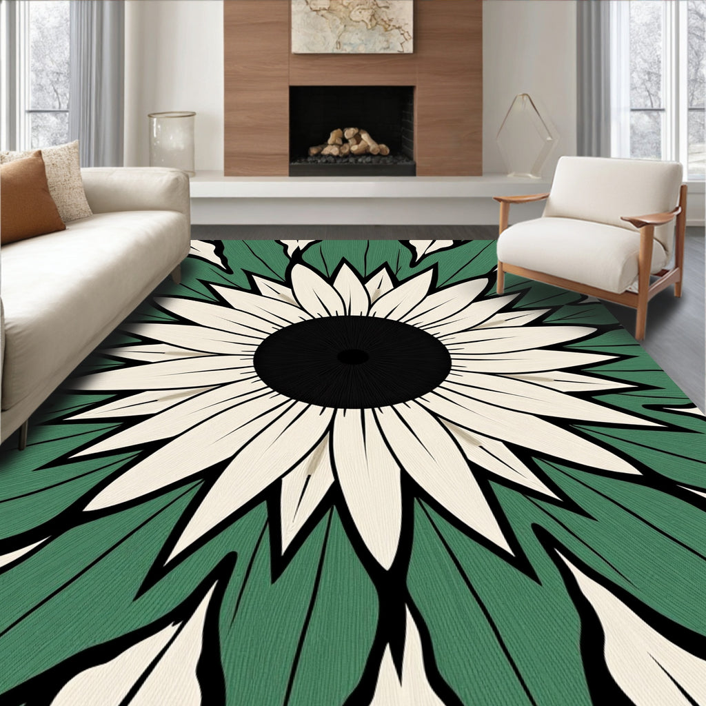 Green Beige Sunflower Mandala Rug