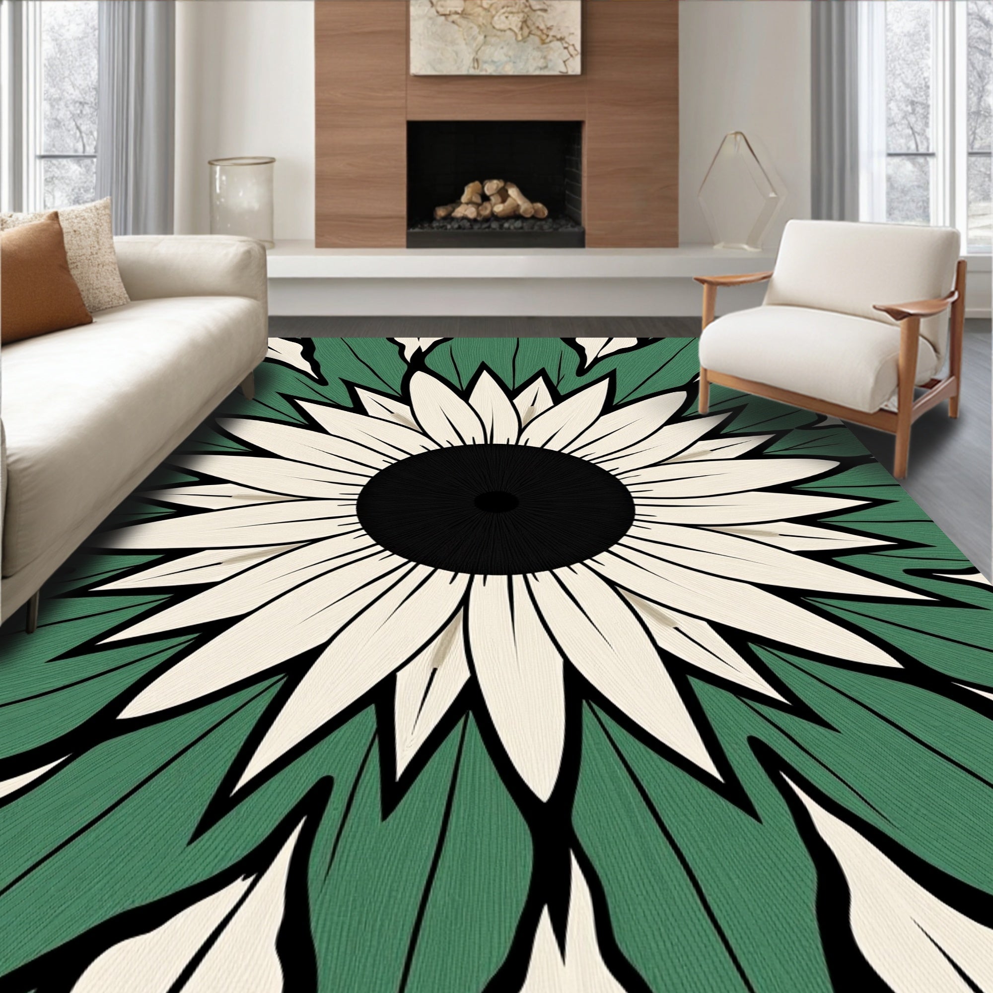 Green Beige Sunflower Mandala Rug