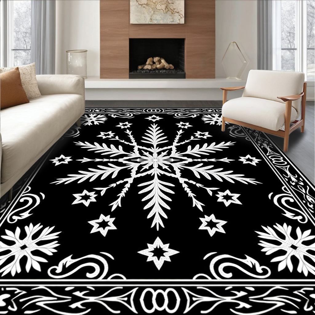 Bold Black White Snowflake Star Rug