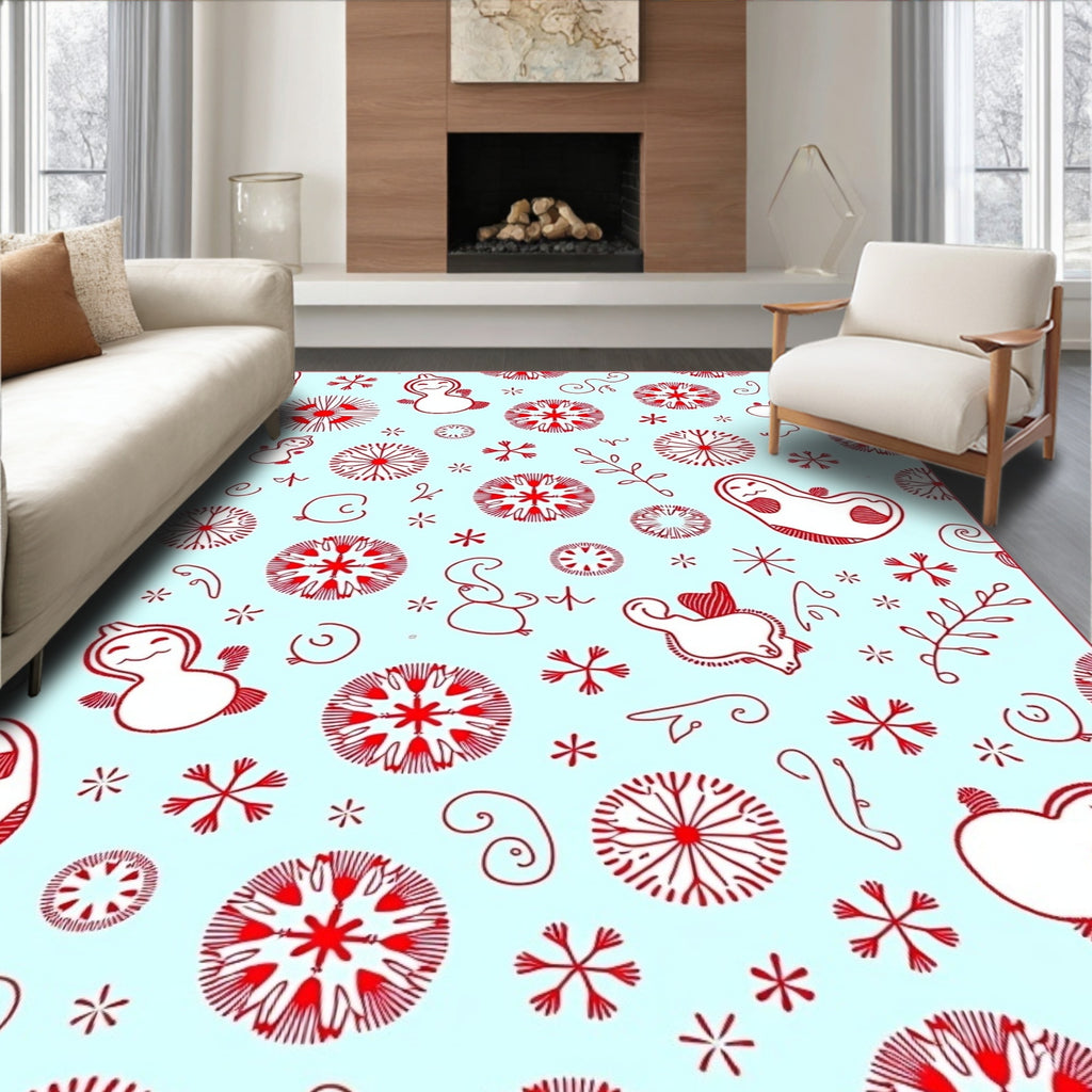 Whimsical Red Snowflakes and Figures Rug