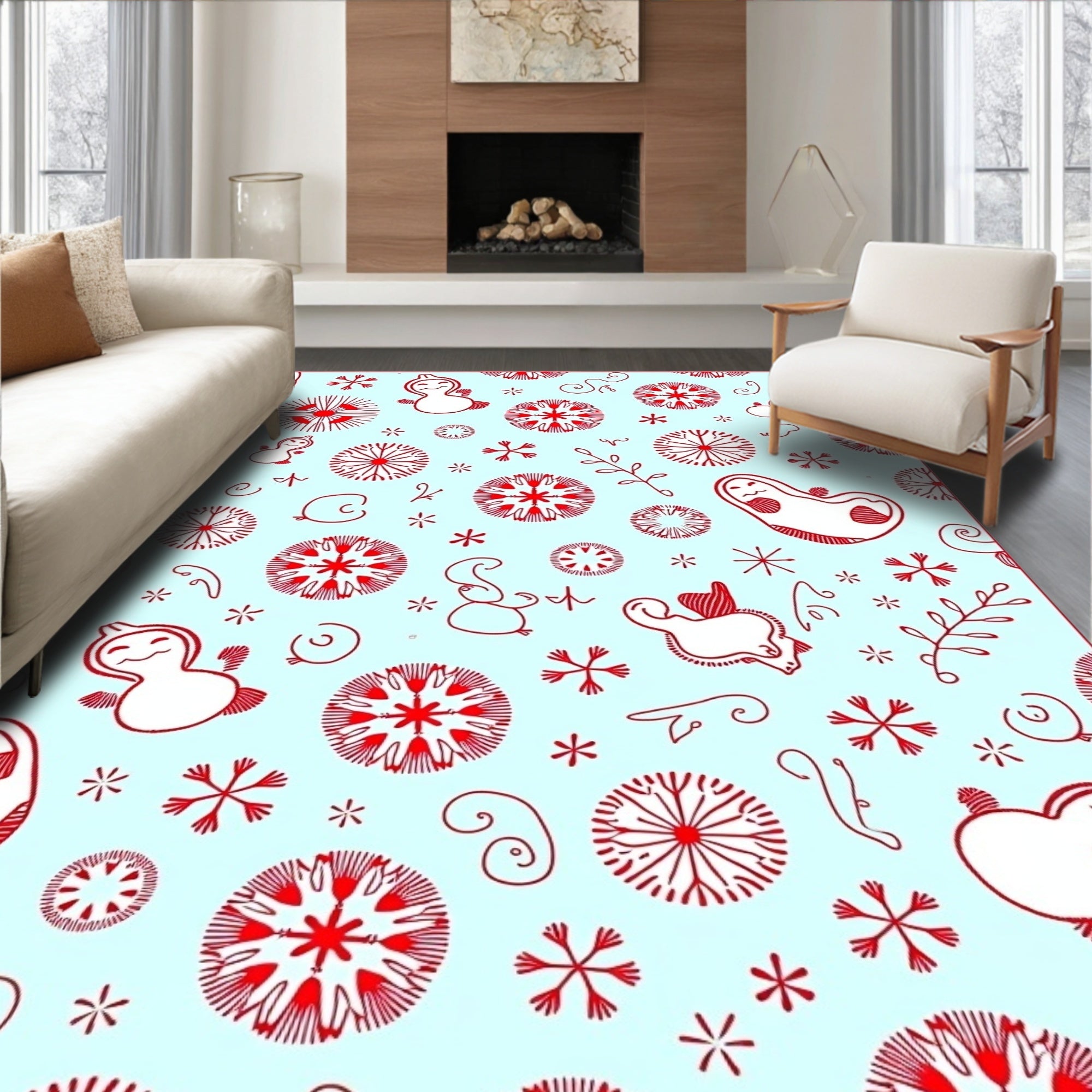 Whimsical Red Snowflakes and Figures Rug