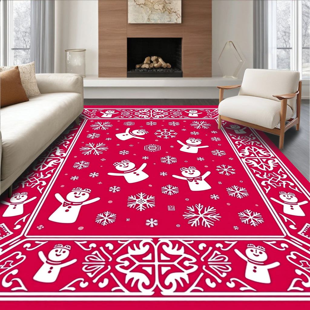 Crimson Snowman Snowflake Border Rug
