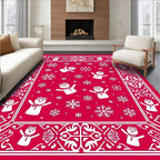 Crimson Snowman Snowflake Border Rug