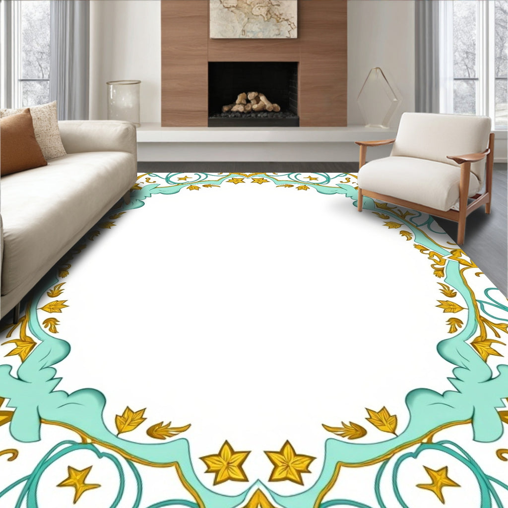 Golden Star Turquoise Arabesque Frame Rug