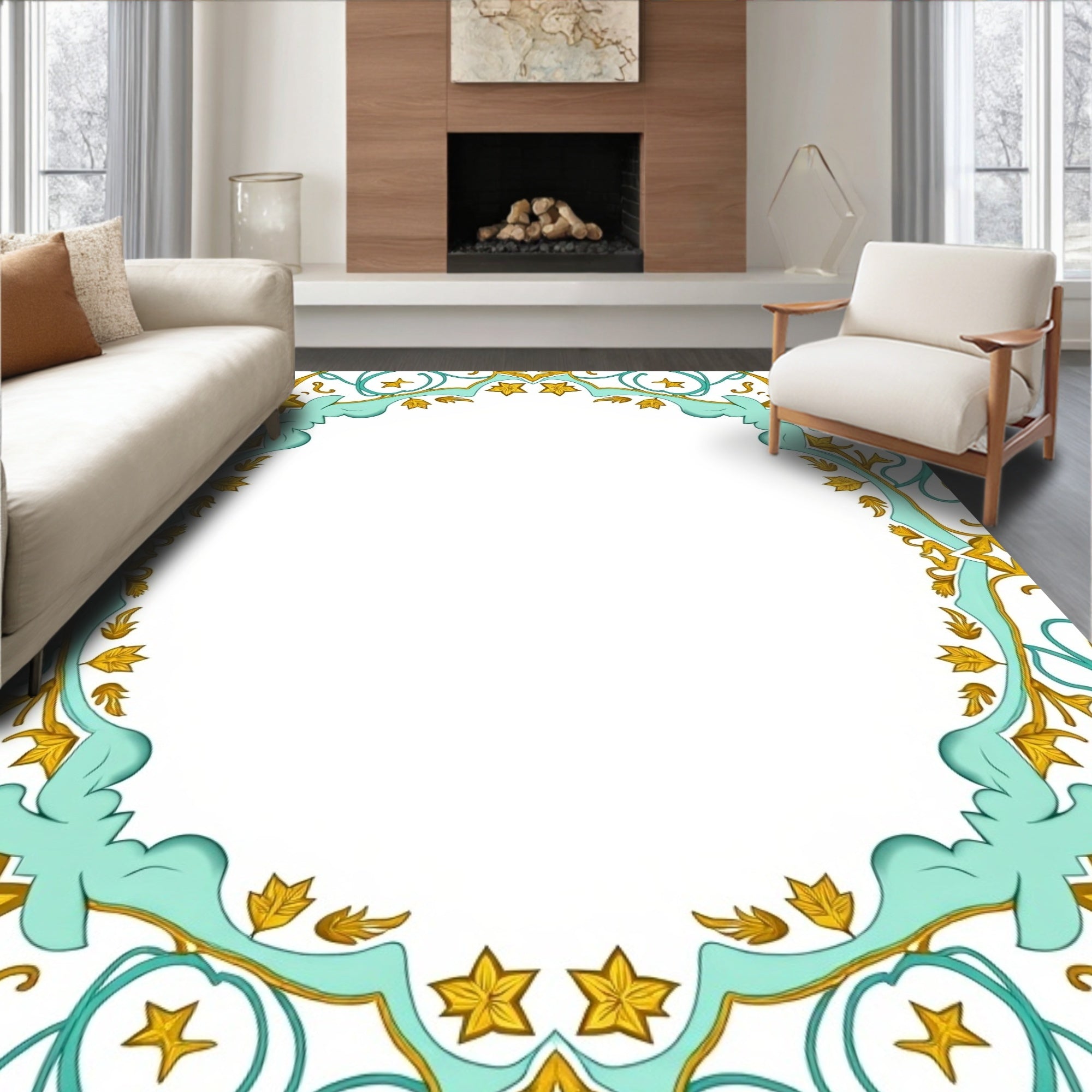 Golden Star Turquoise Arabesque Frame Rug