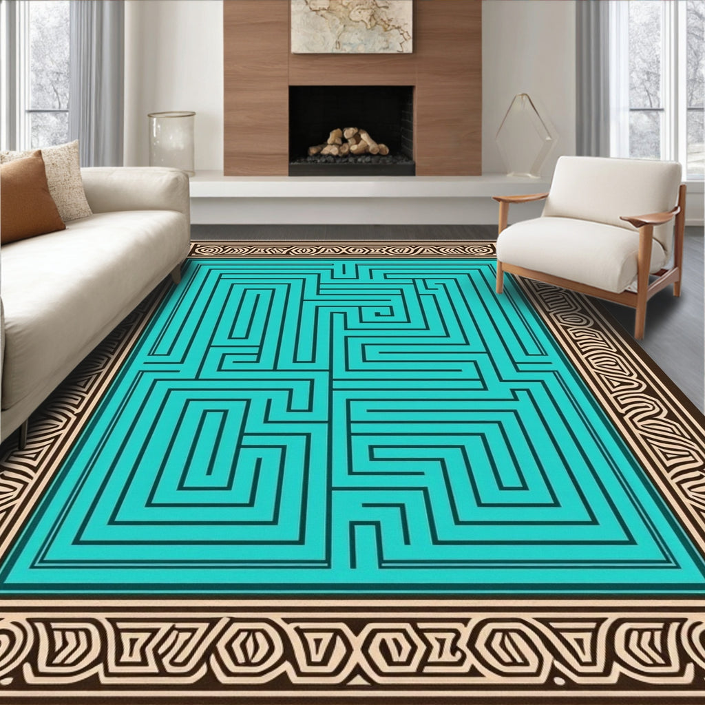 Teal Maze Geometric Border Rug