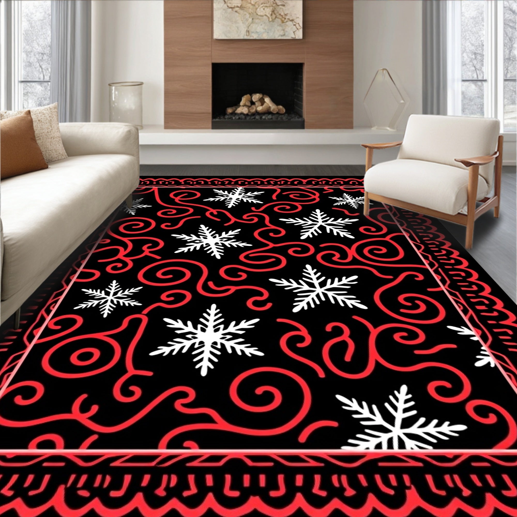 Crimson Swirl Snowflake Border Rug