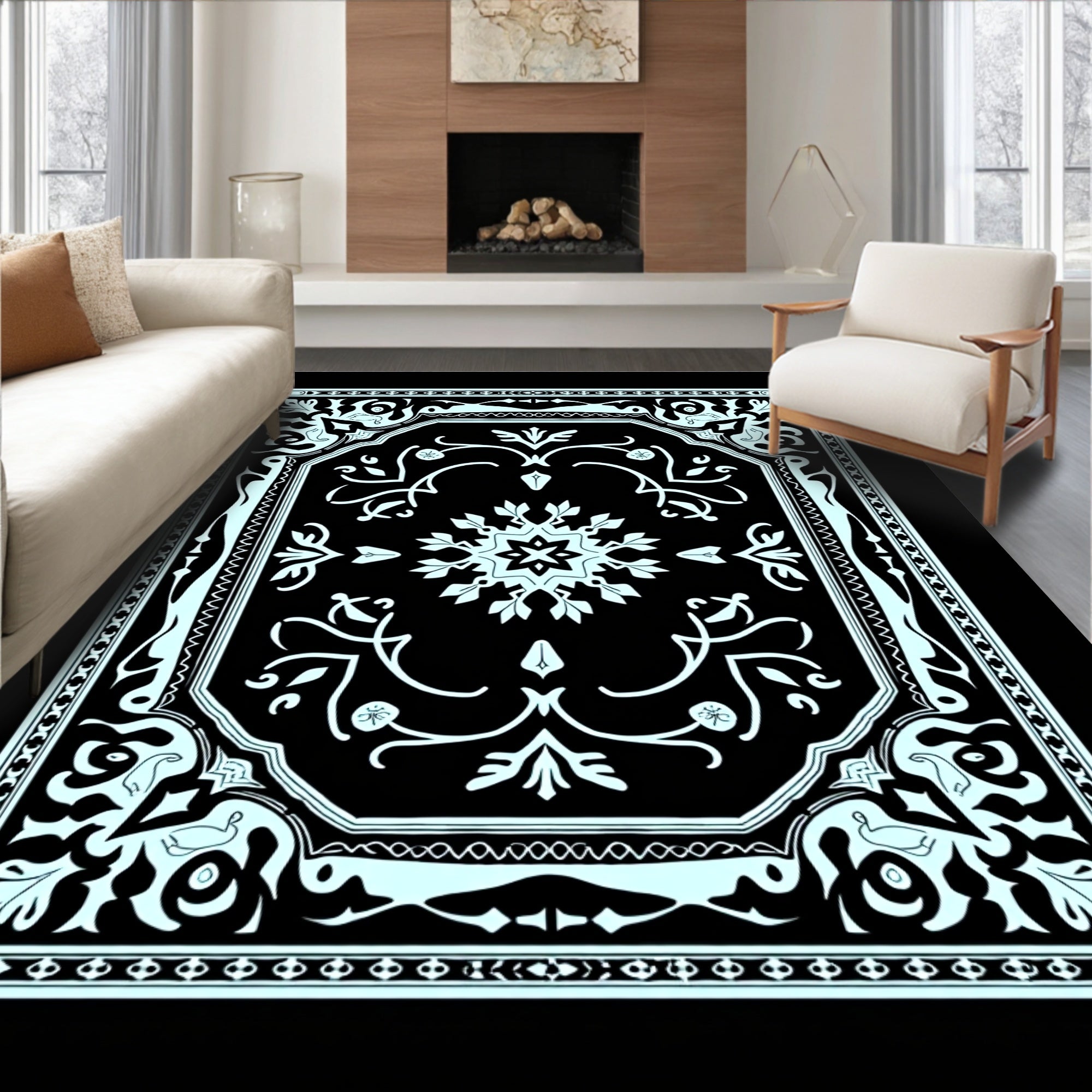 Pale Blue Ornamental Floral Medallion Rug