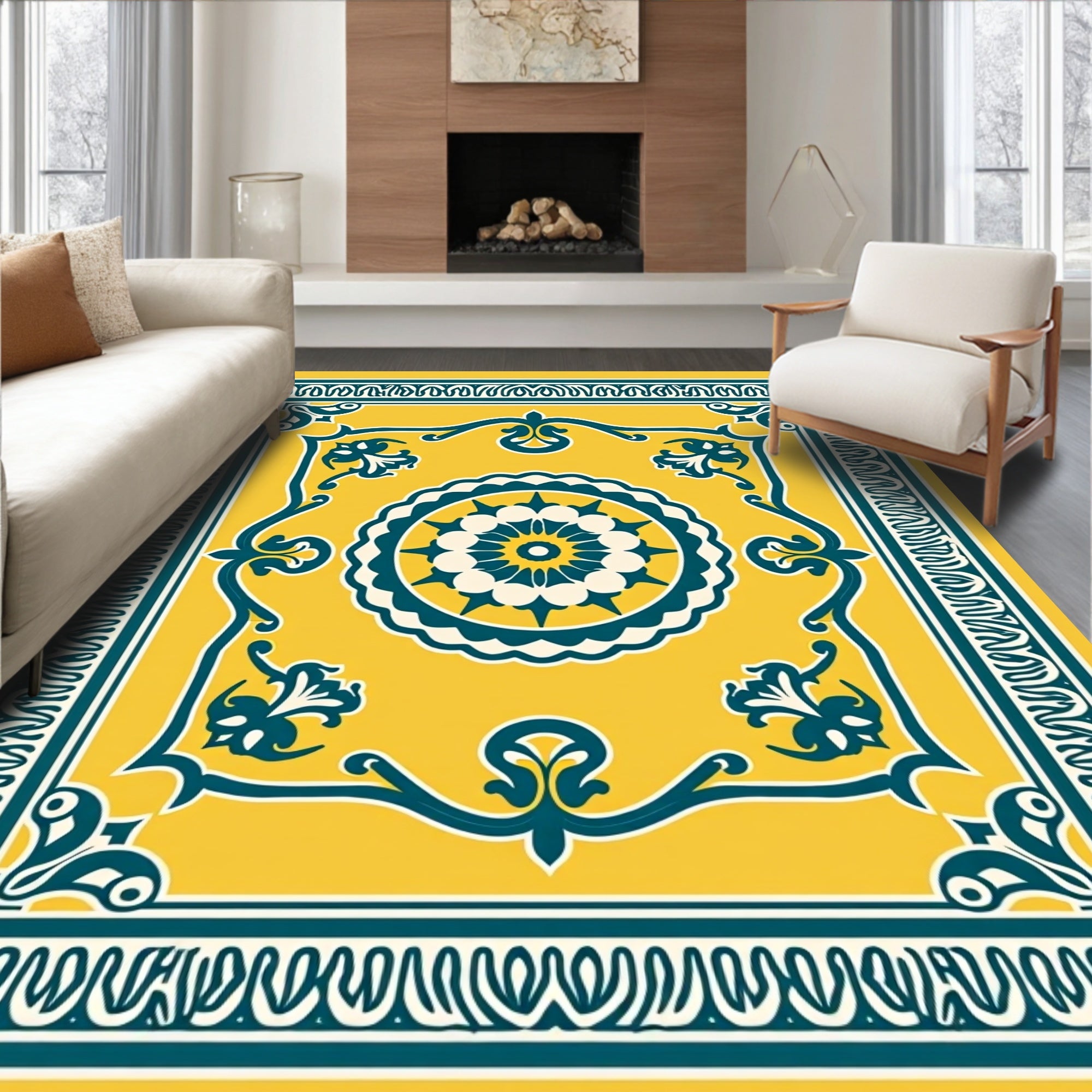 Yellow Teal Floral Medallion Border Rug