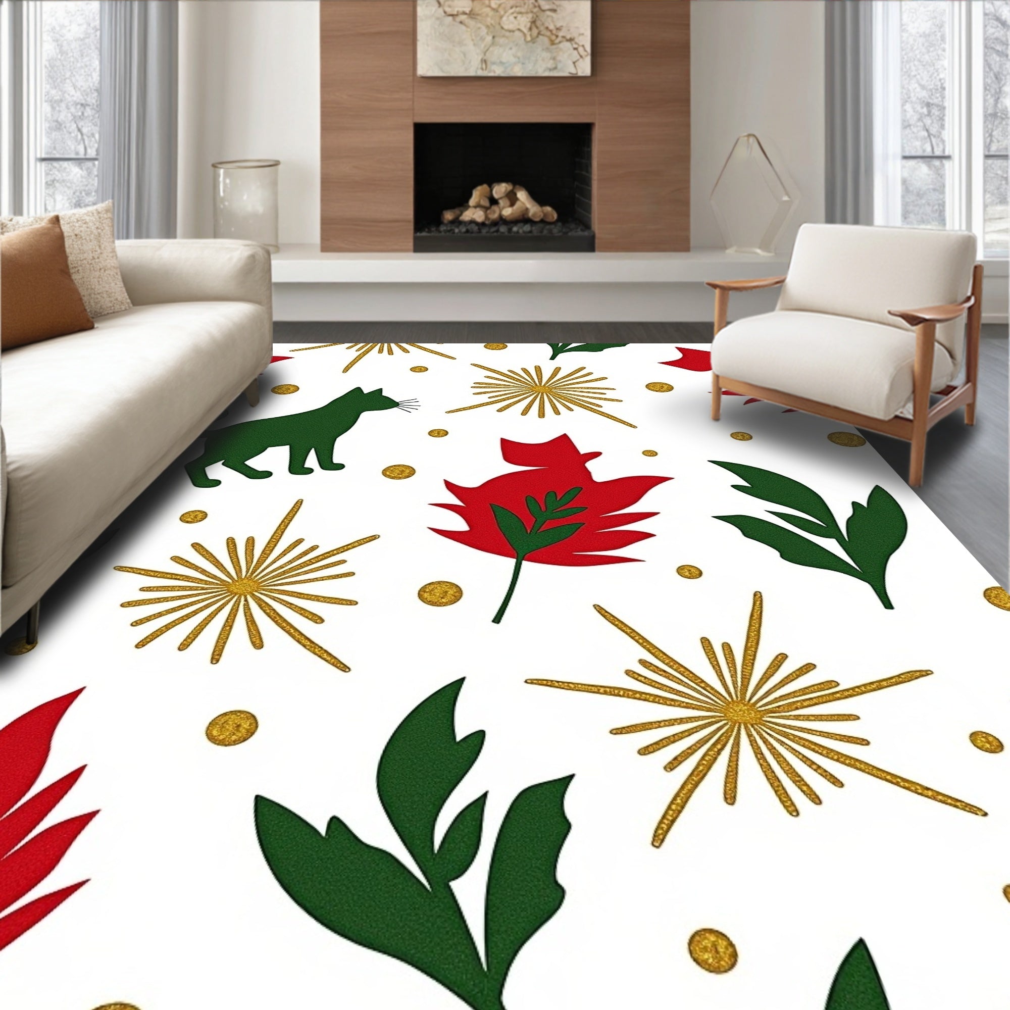 Whimsical Green Cat Red Leaf Sunburst Rug
