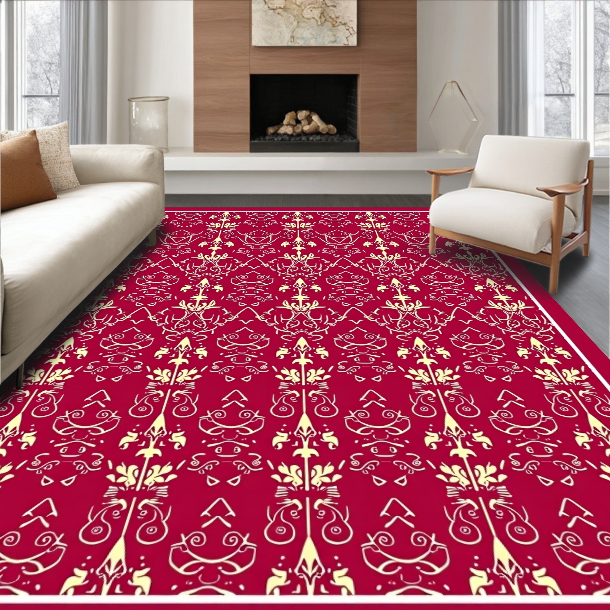 Crimson damask ornate floral Rug