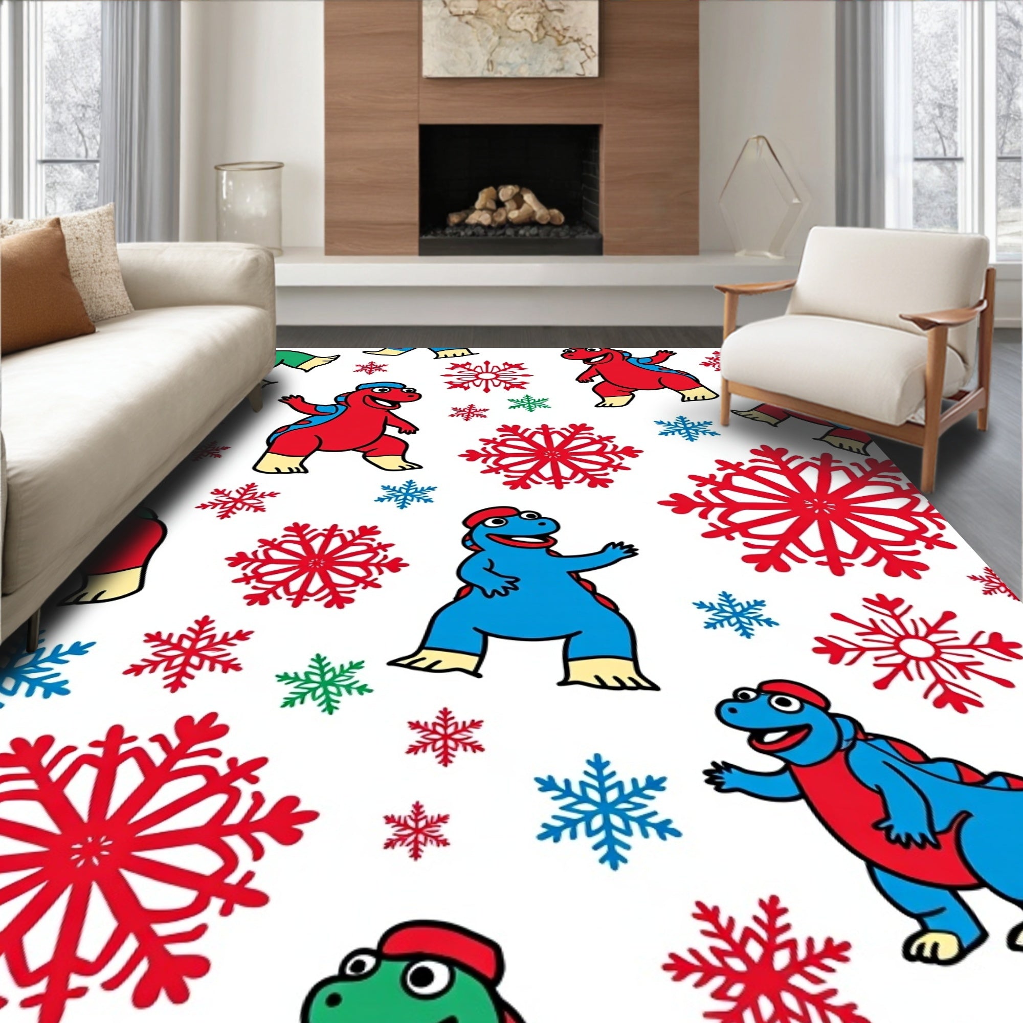 Merry Dinosaur Snowflakes and Snowflakes Rug