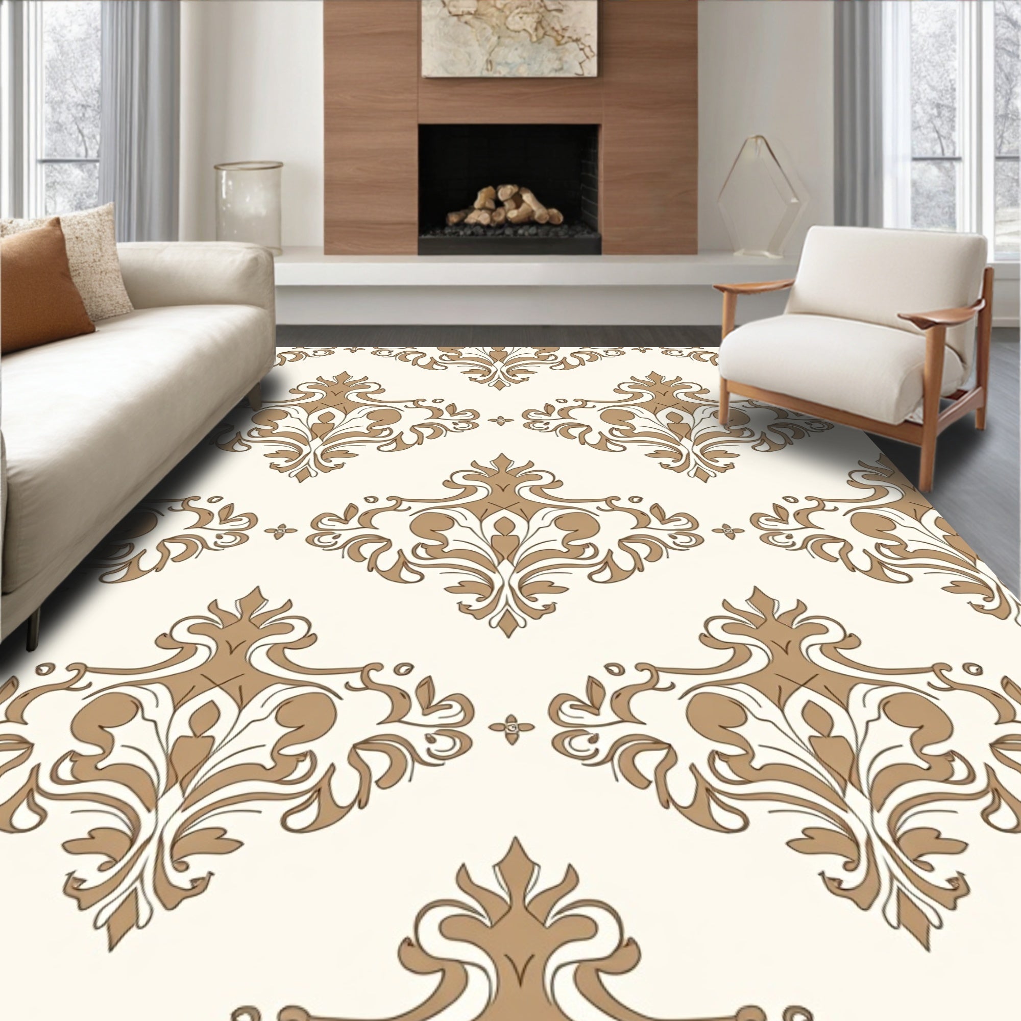 Gold Neutral Baroque Floral Medallion Rug