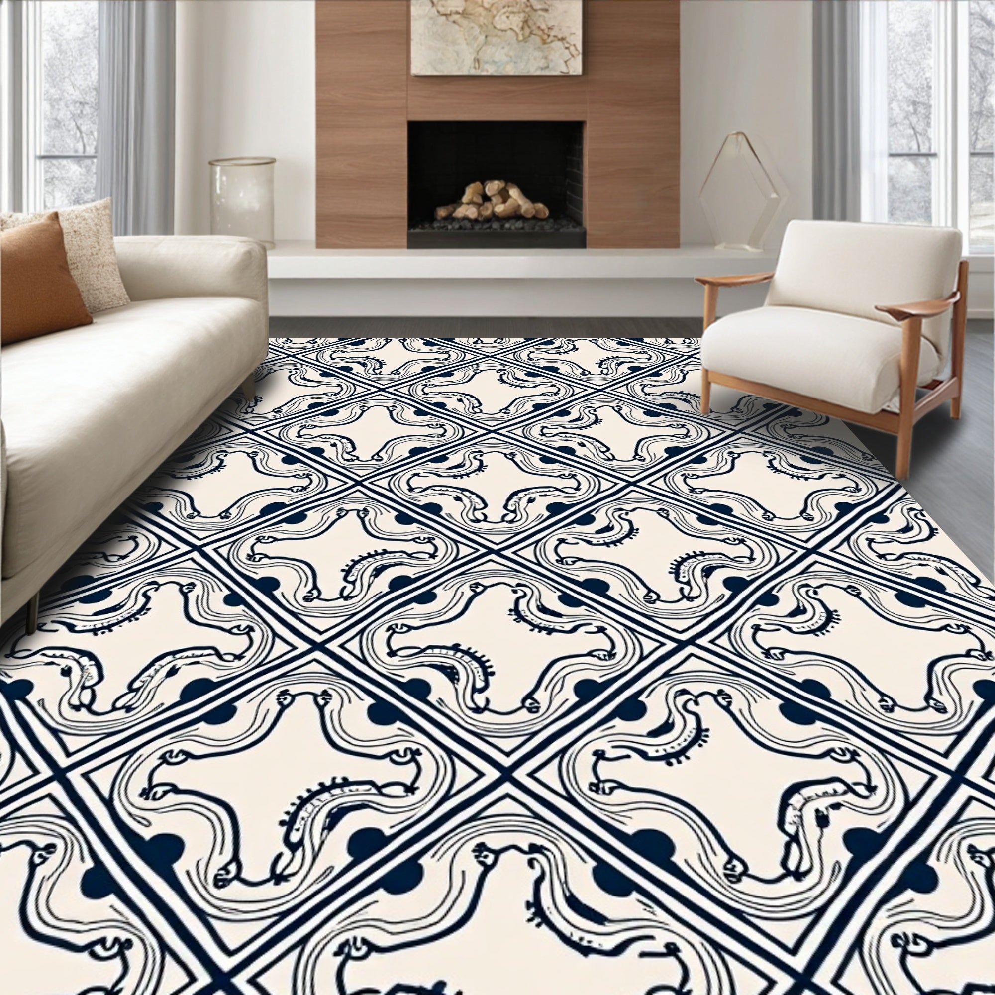 Indigo And Cream Diamond Scroll Rug