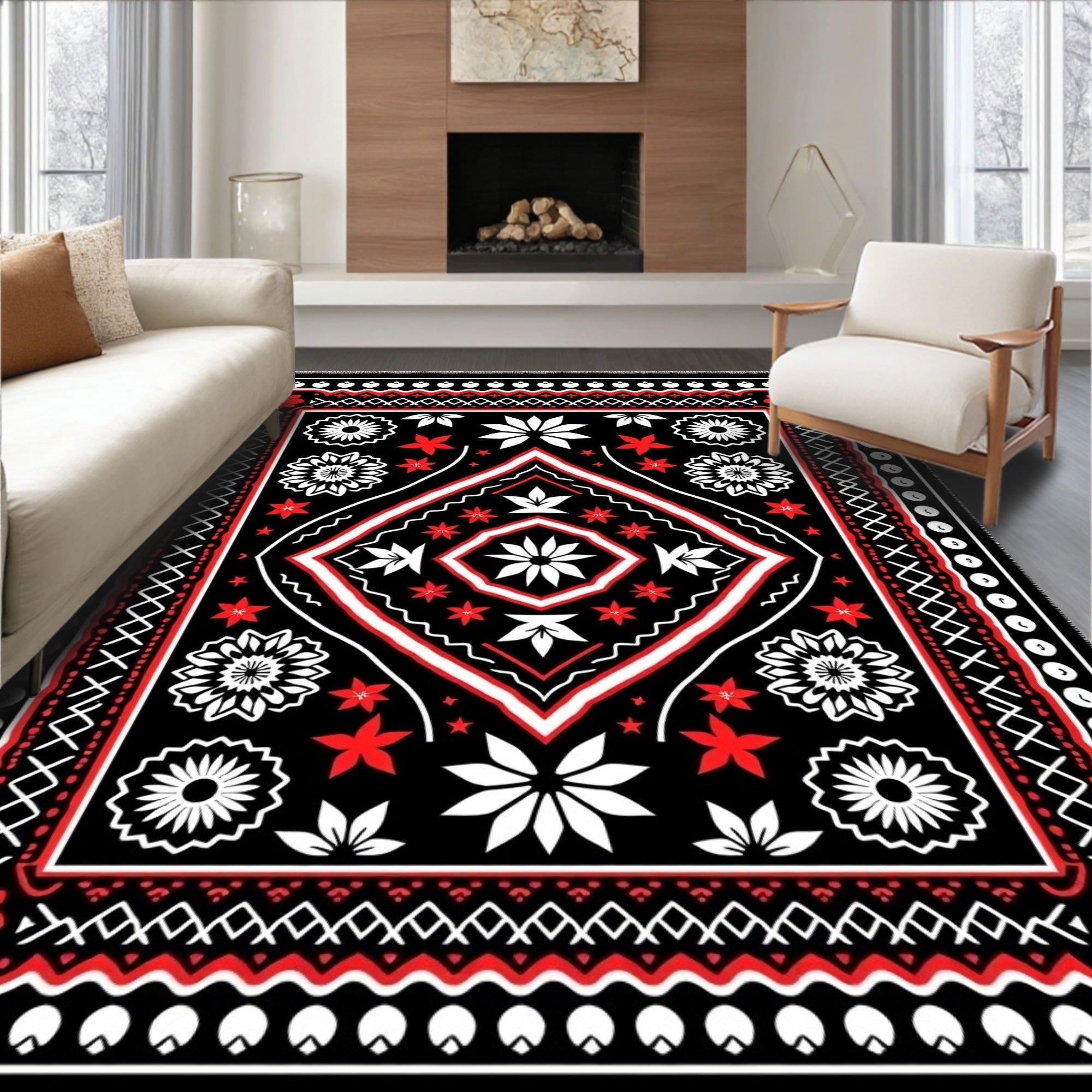 Bold Red White Black Folk Rug