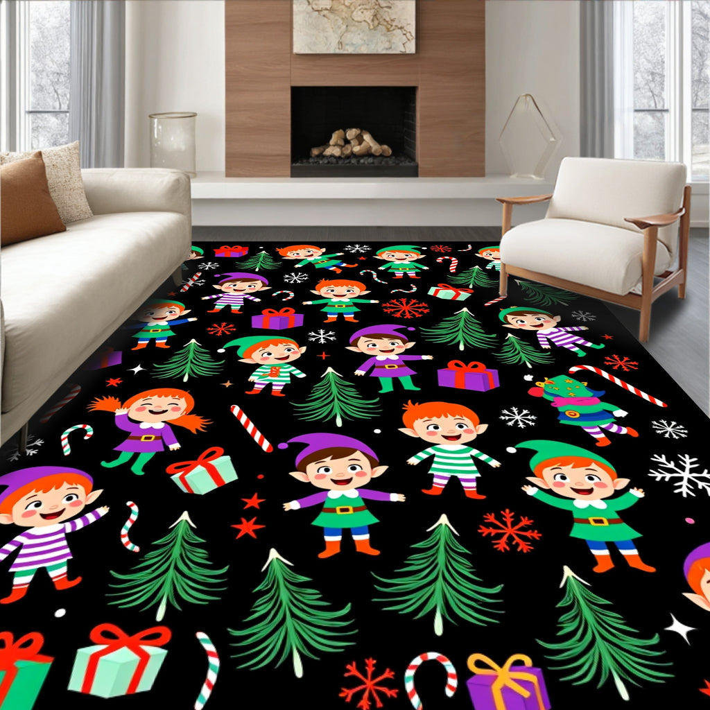 Whimsical Christmas Elves Candy Cane Trees Rug