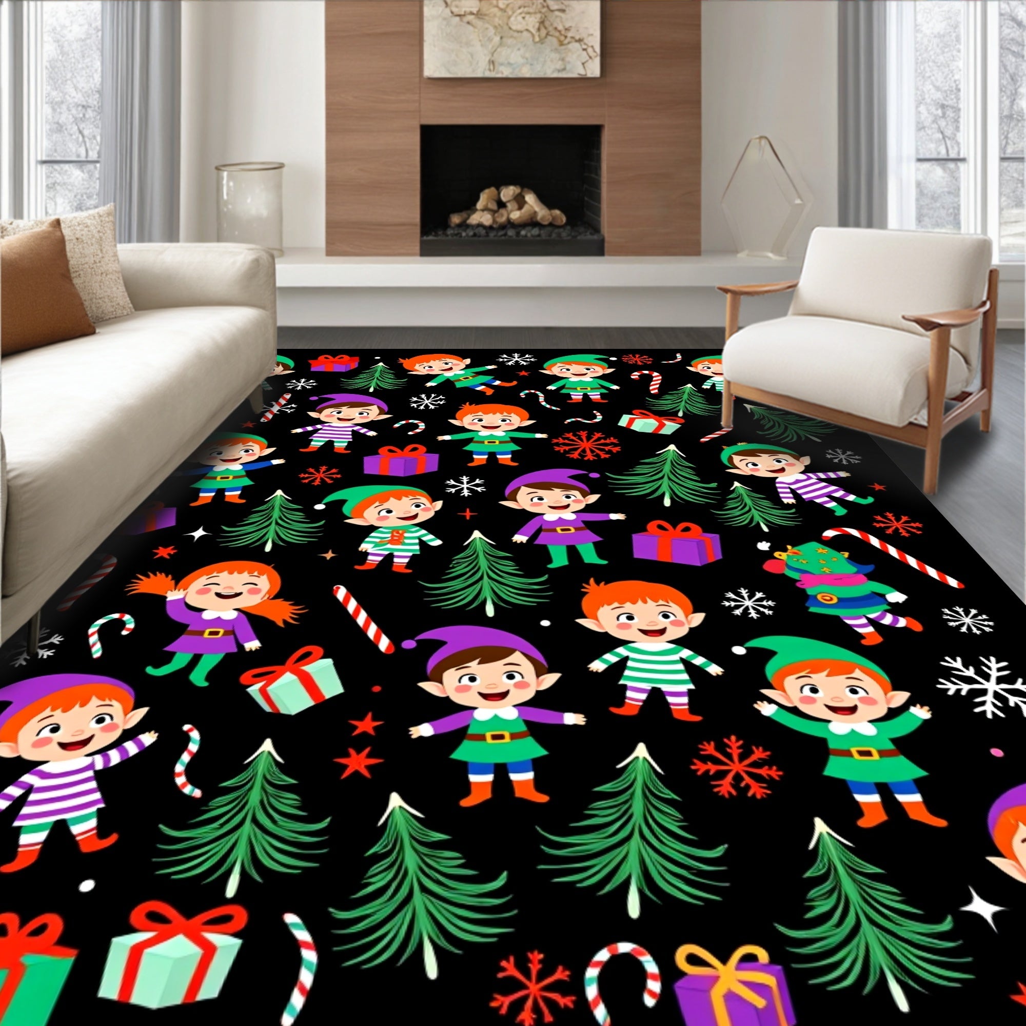 Whimsical Christmas Elves Candy Cane Trees Rug
