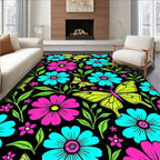 Vibrant Neon Pink Blue Butterfly Garden Rug