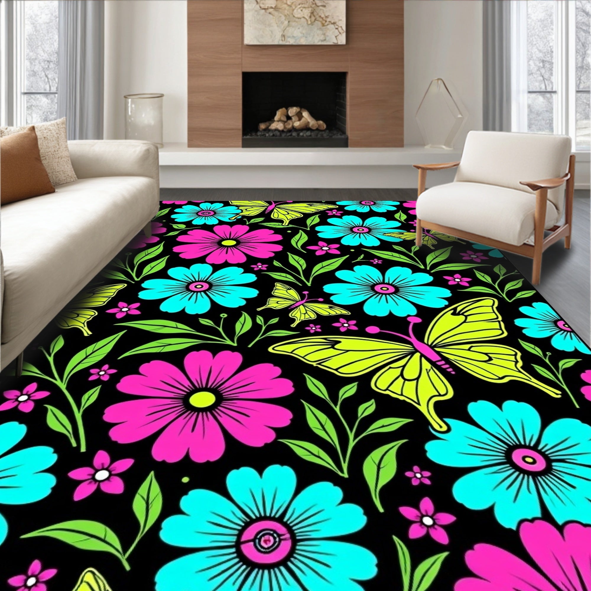 Vibrant Neon Pink Blue Butterfly Garden Rug