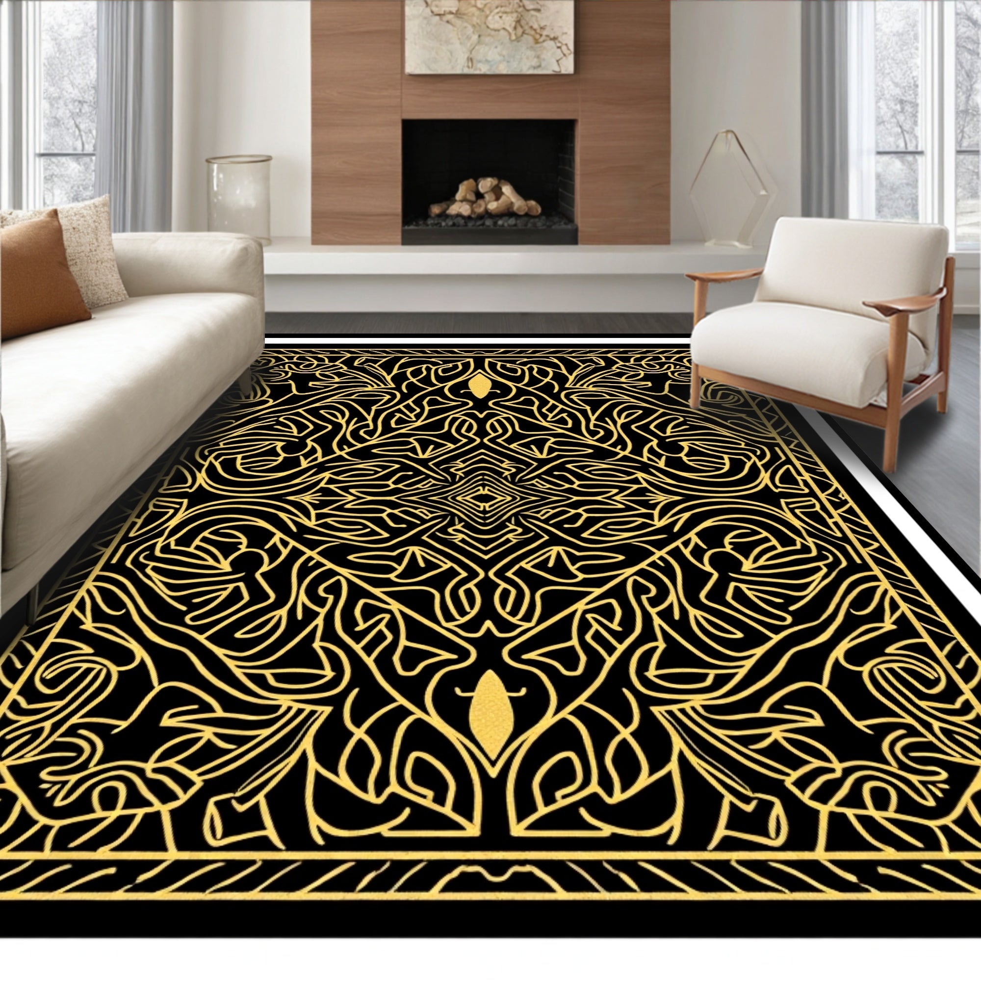 Ornate Gold and Black Mandala Rug