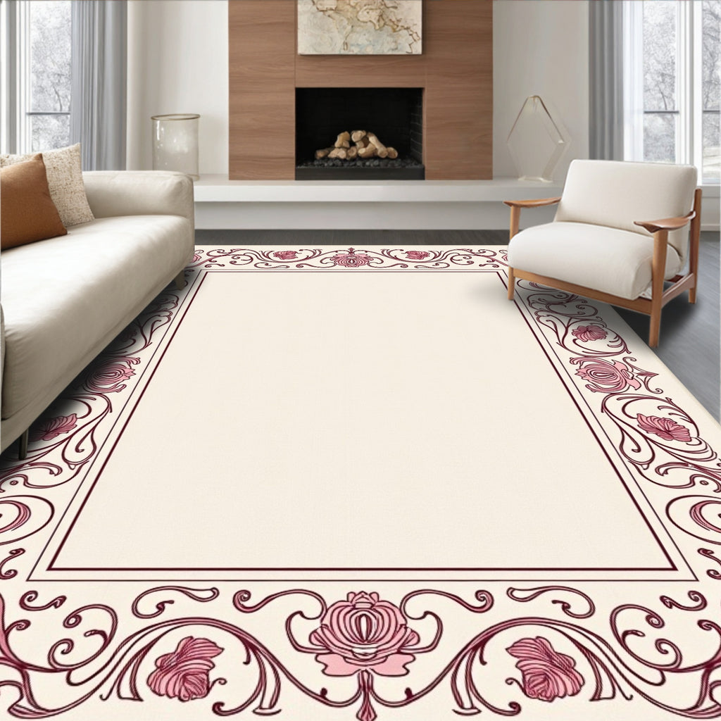 Vintage Pink Rose Scroll Border Rug