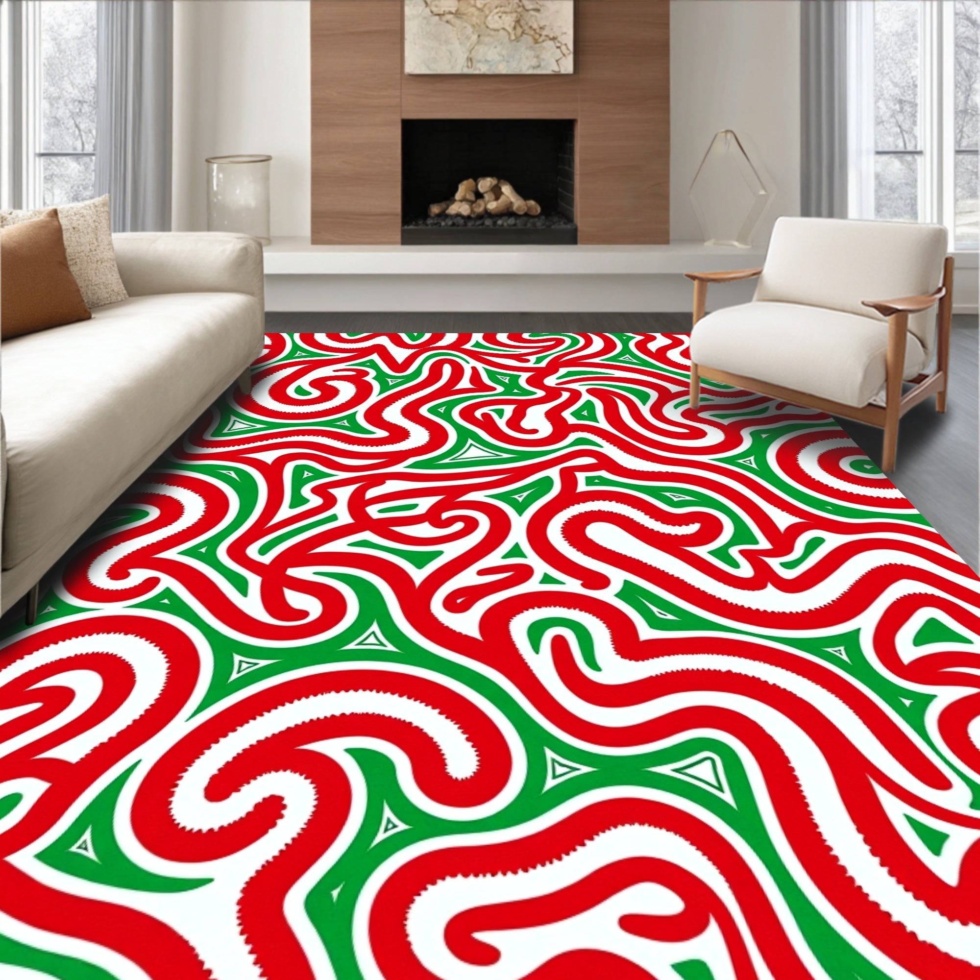 Red Green Swirl Abstract Organic Rug