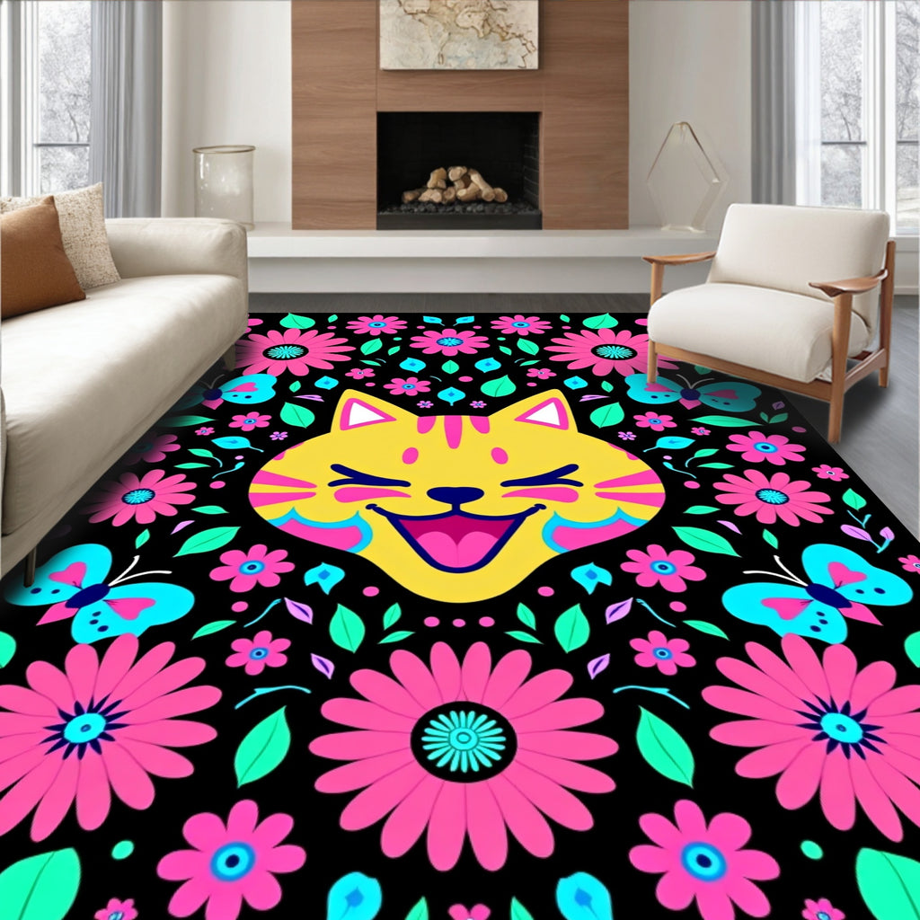 Whimsical Yellow Cat Floral Butterfly Art Rug