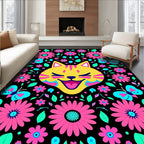 Whimsical Yellow Cat Floral Butterfly Art Rug