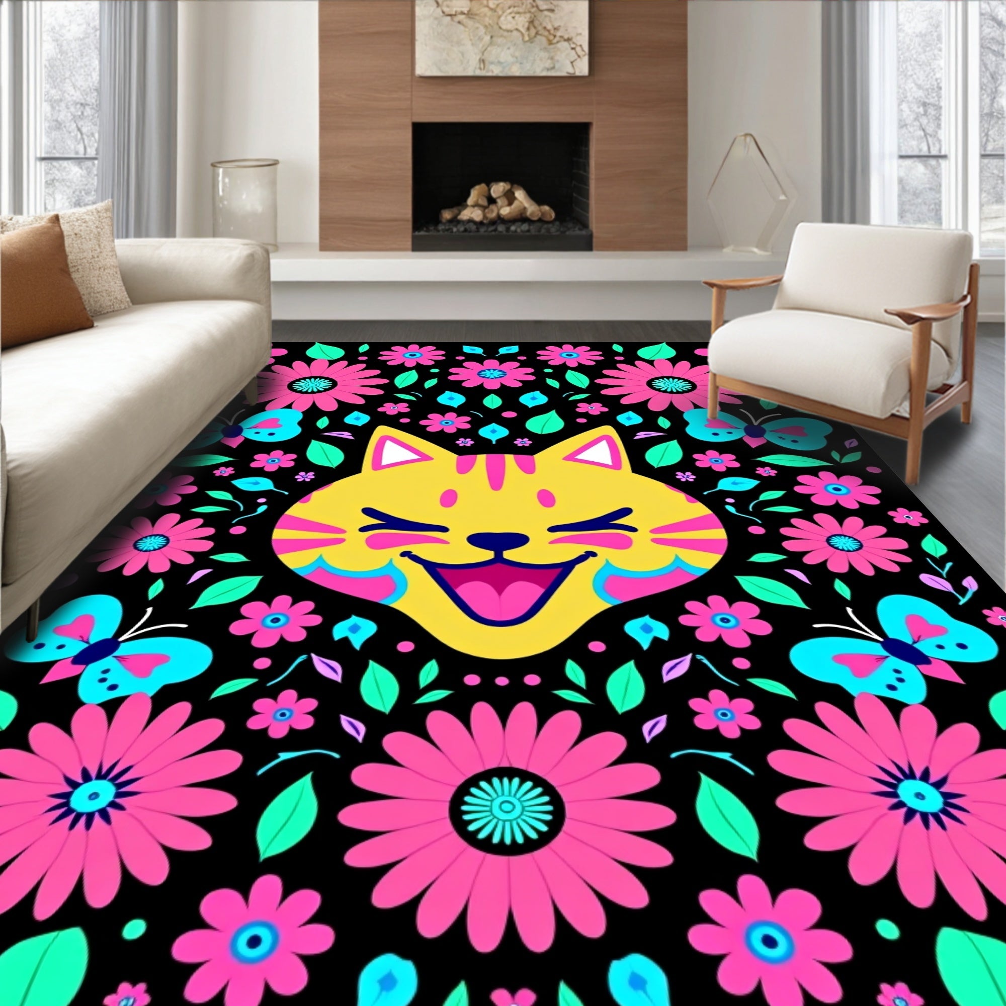 Whimsical Yellow Cat Floral Butterfly Art Rug