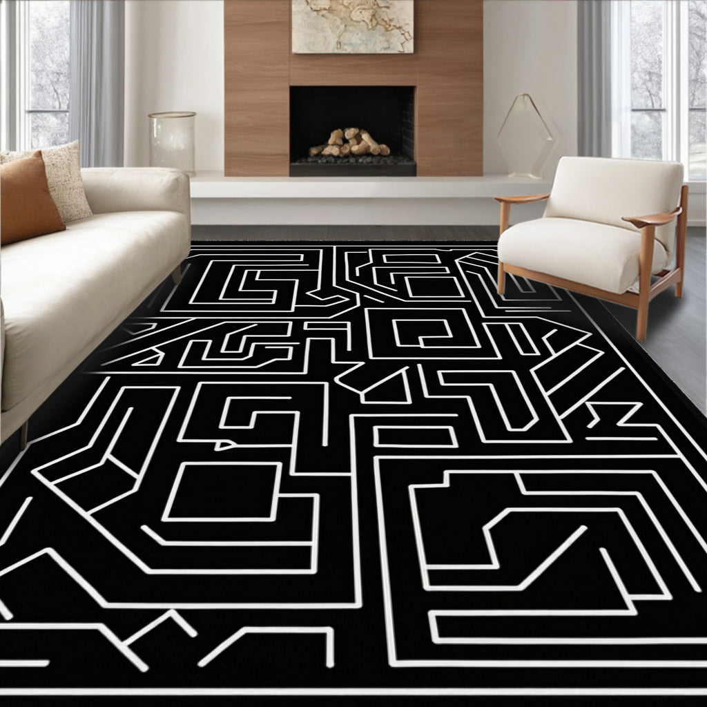 Black White Labyrinth Geometric Rug