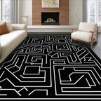 Black White Labyrinth Geometric Rug