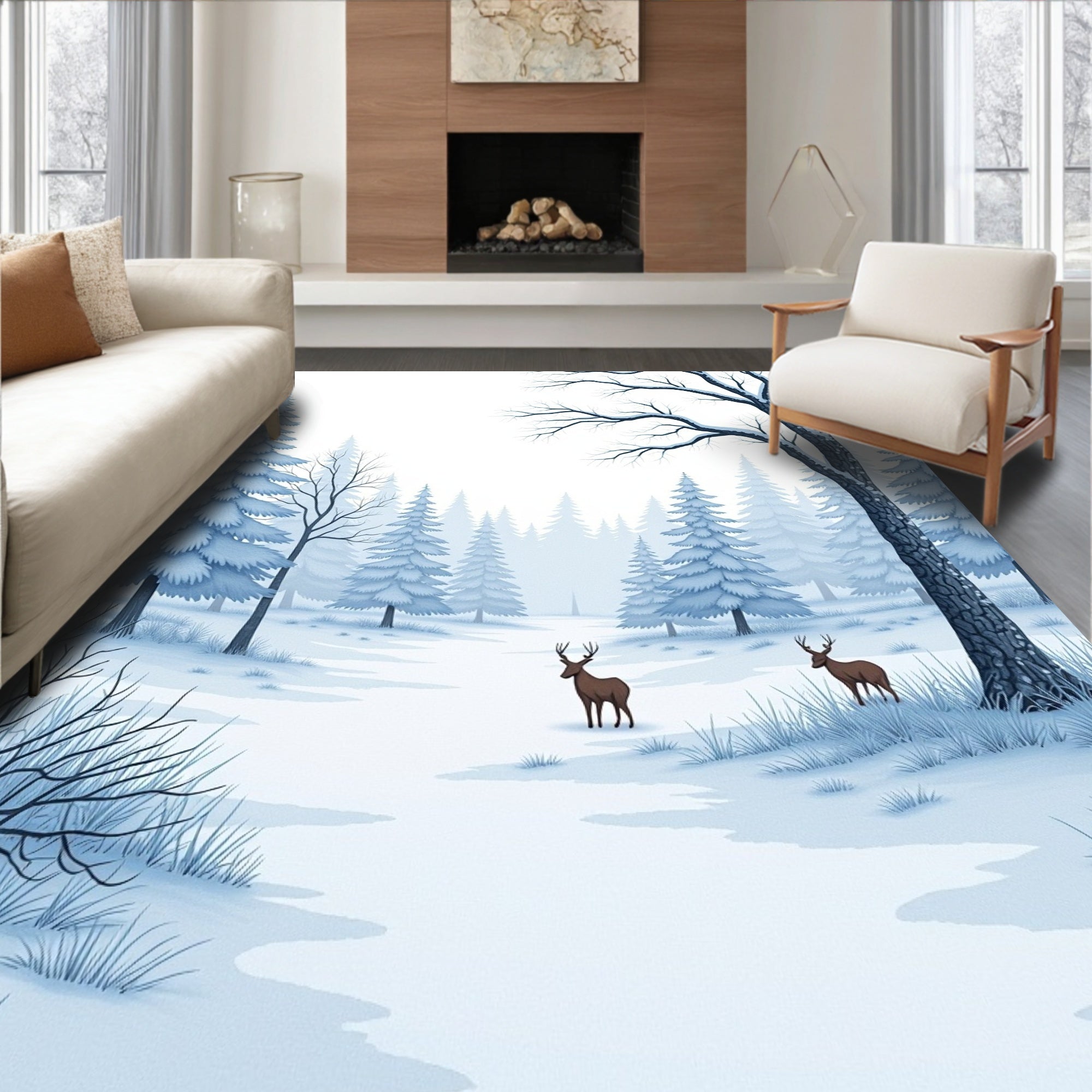 Winter Forest Snow Deer Landscape Rug