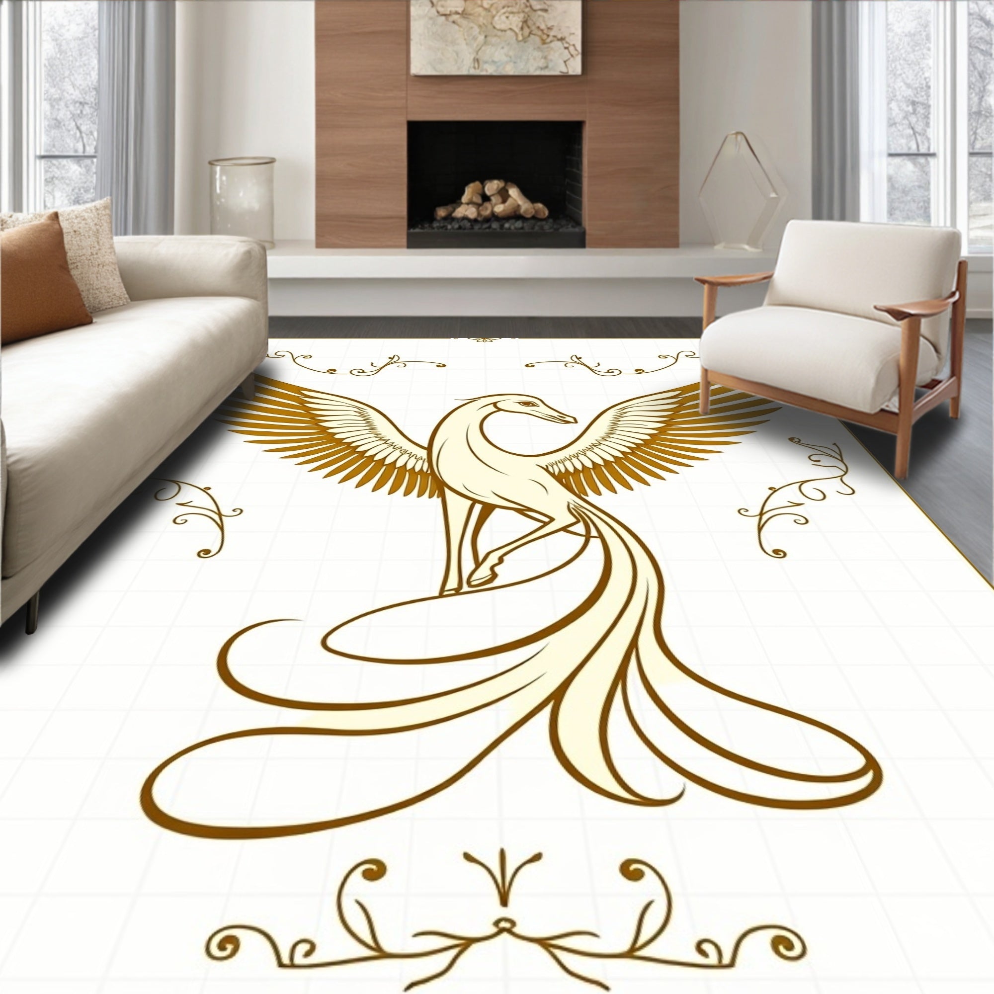 Golden Phoenix Swirling Tail Art Rug