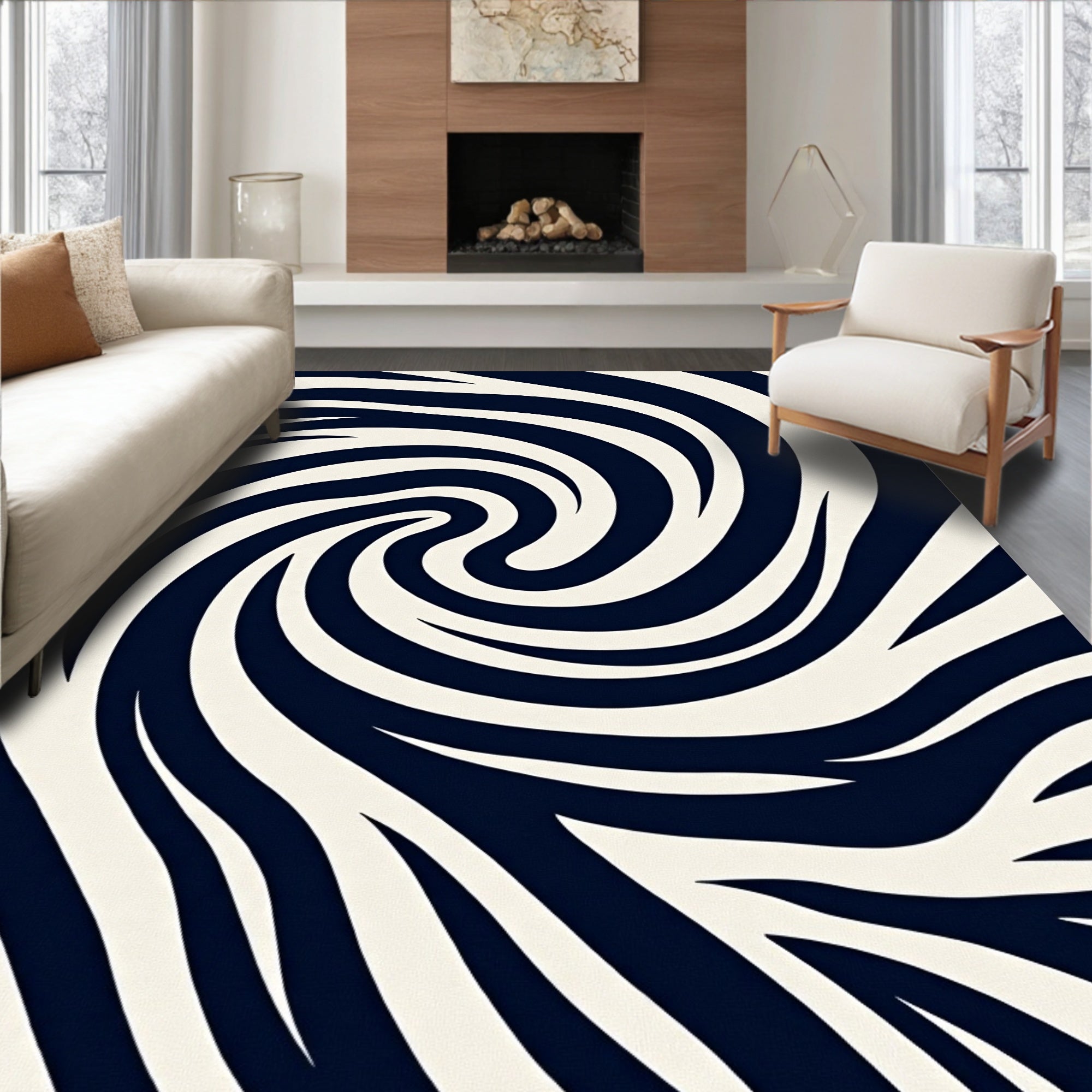 Bold Navy Swirl Animal Print Rug