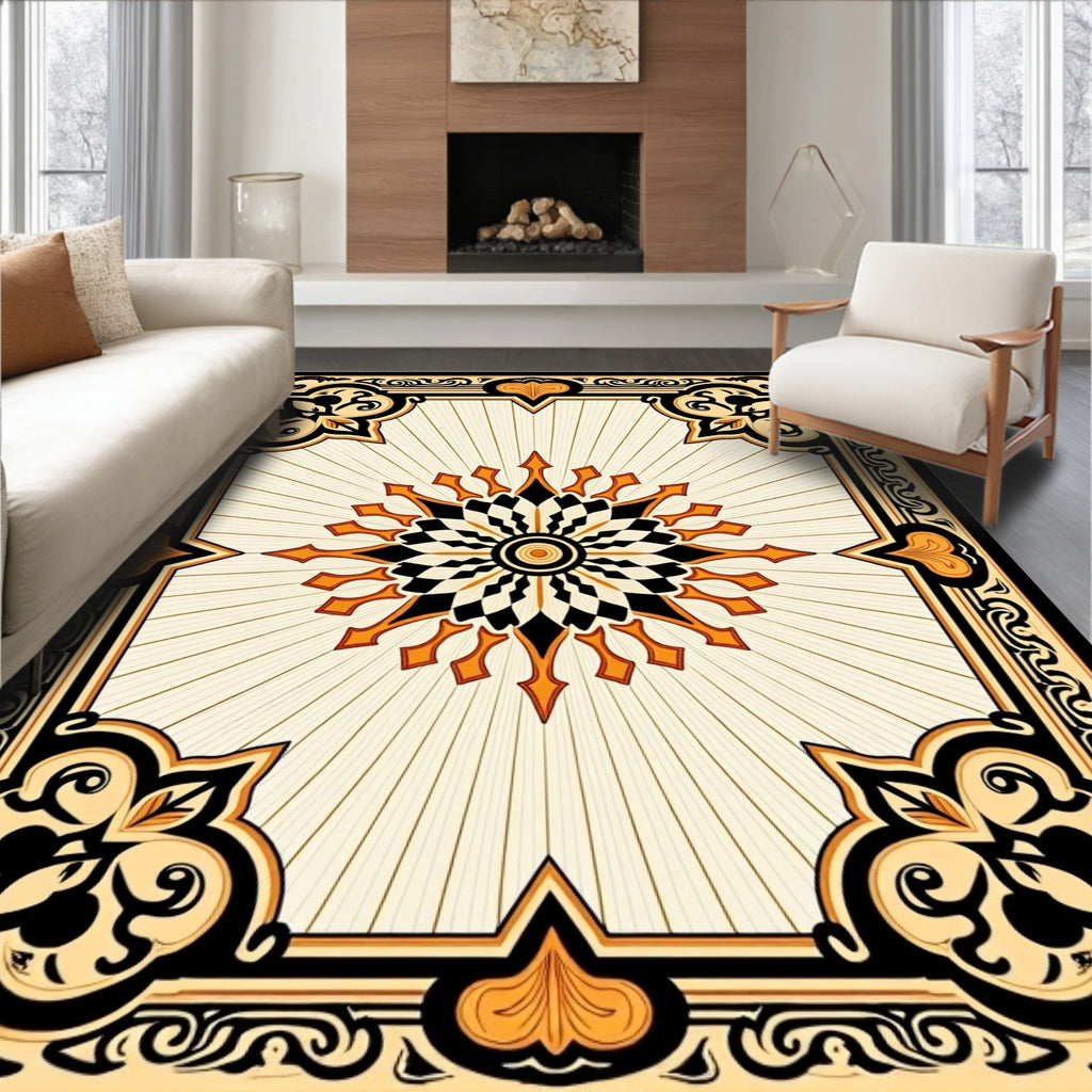 Ornate Black Gold Sunburst Medallion Rug