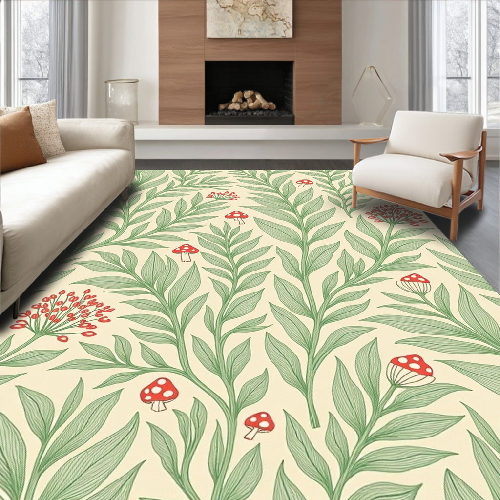 Whimsical Red Mushroom Green Leafy Vines Rug