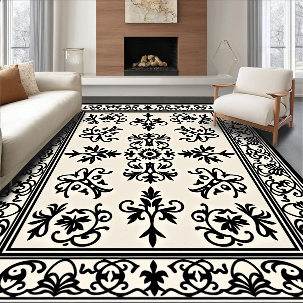 Classic Cream Black Filigree Bordered Rug