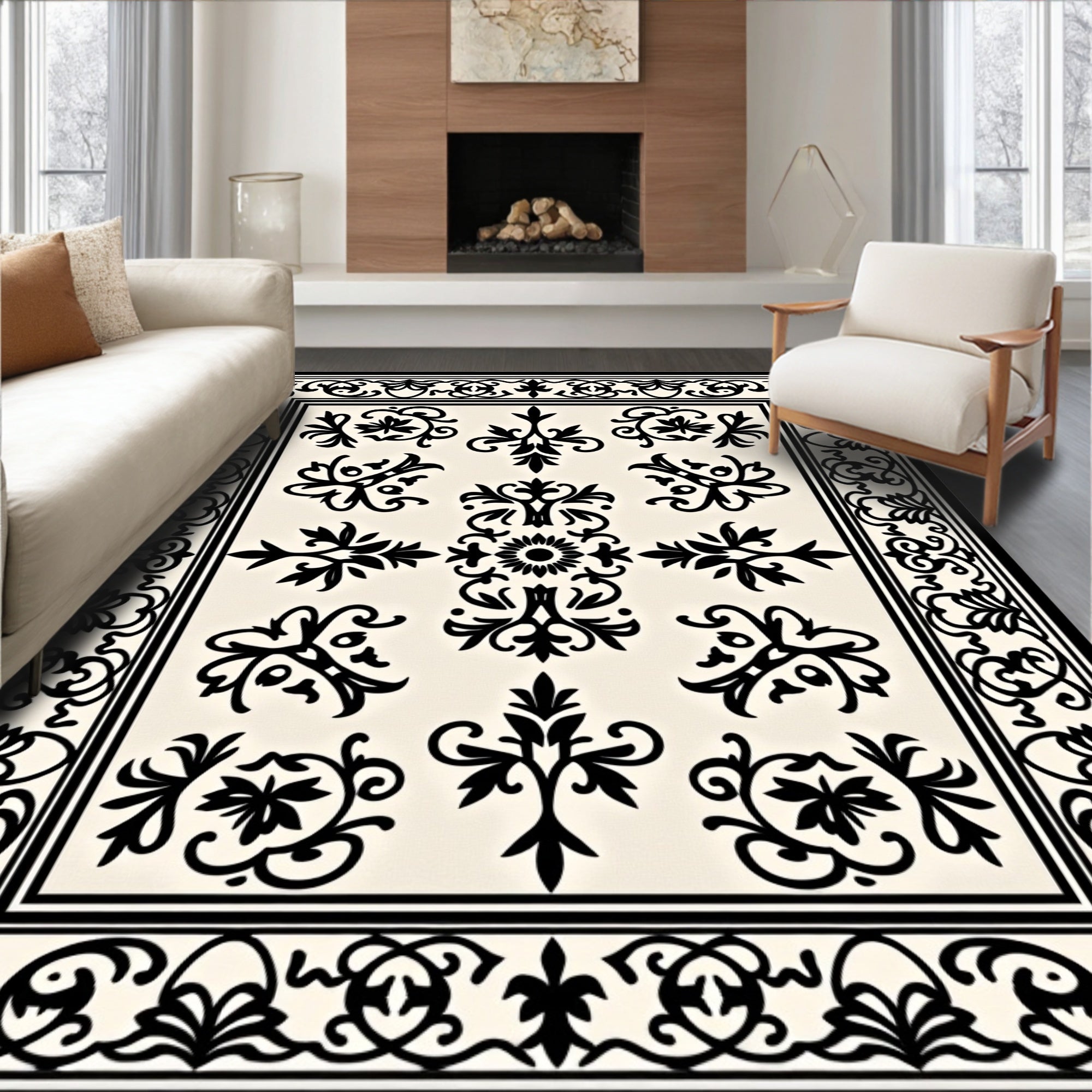 Classic Cream Black Filigree Bordered Rug