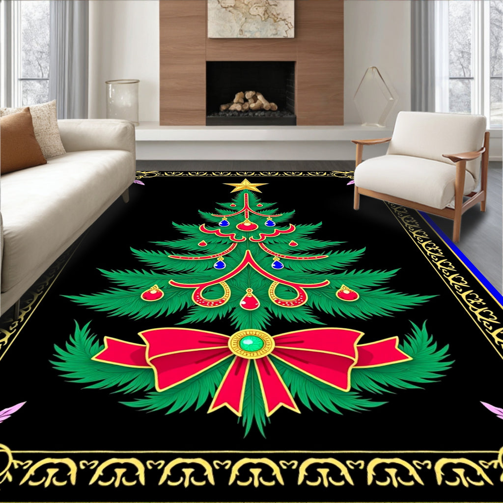 Festive Emerald Christmas Tree Bow Rug